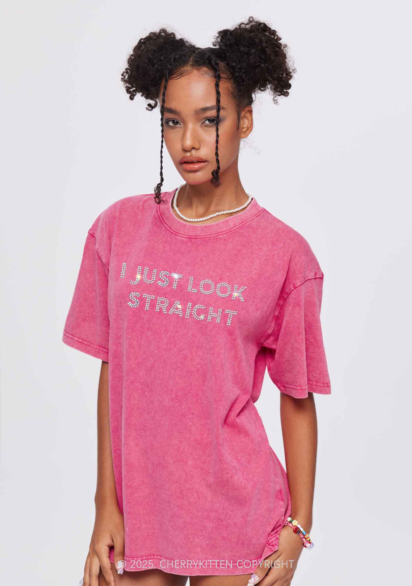 Rhinestone I Just Look Straight Pride Y2K Shirts Washed Tee Cherrykitten - Image 2