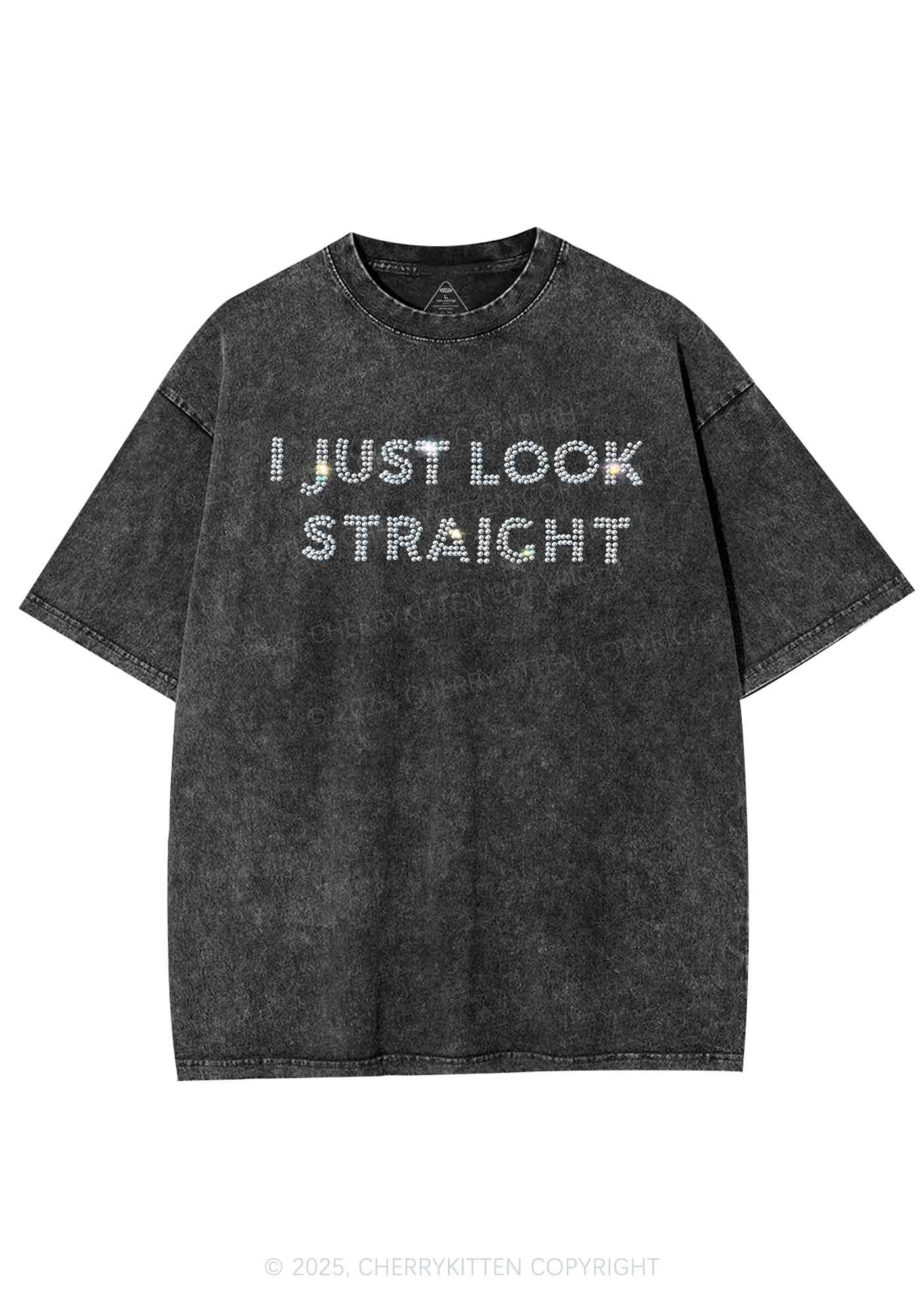 Rhinestone I Just Look Straight Pride Y2K Shirts Washed Tee Cherrykitten - Image 3