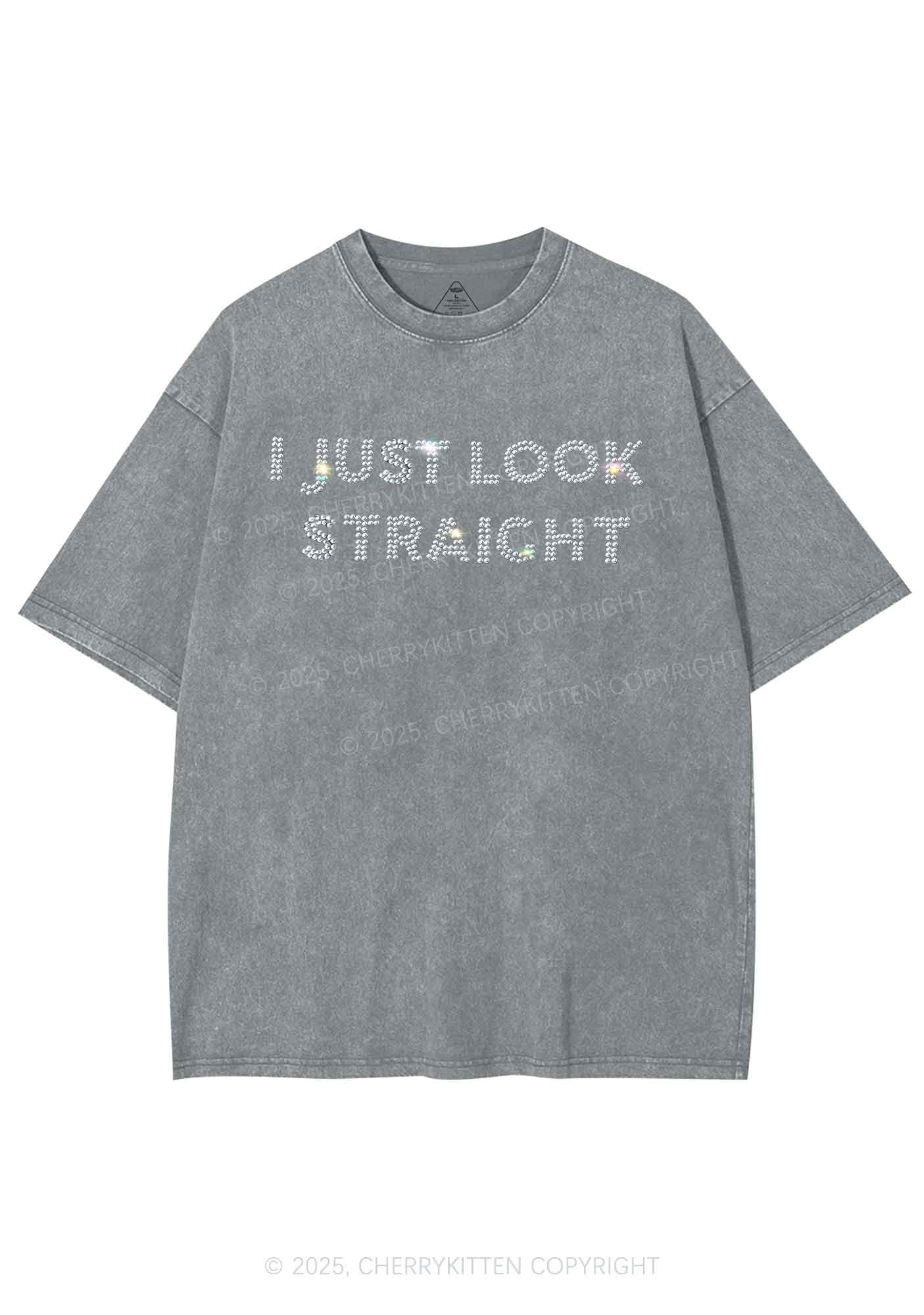 Rhinestone I Just Look Straight Pride Y2K Shirts Washed Tee Cherrykitten - Image 5