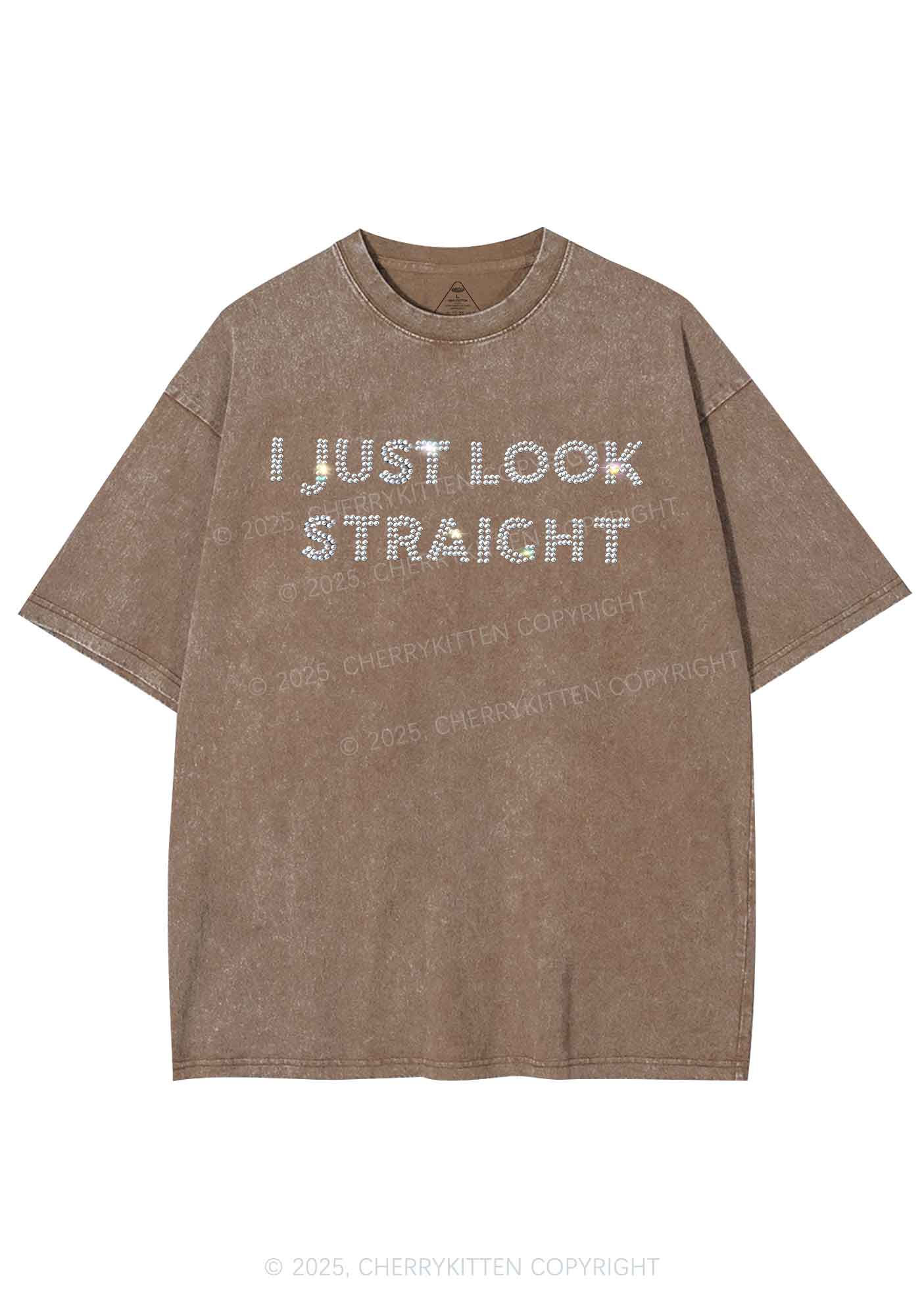 Rhinestone I Just Look Straight Pride Y2K Shirts Washed Tee Cherrykitten - Image 6