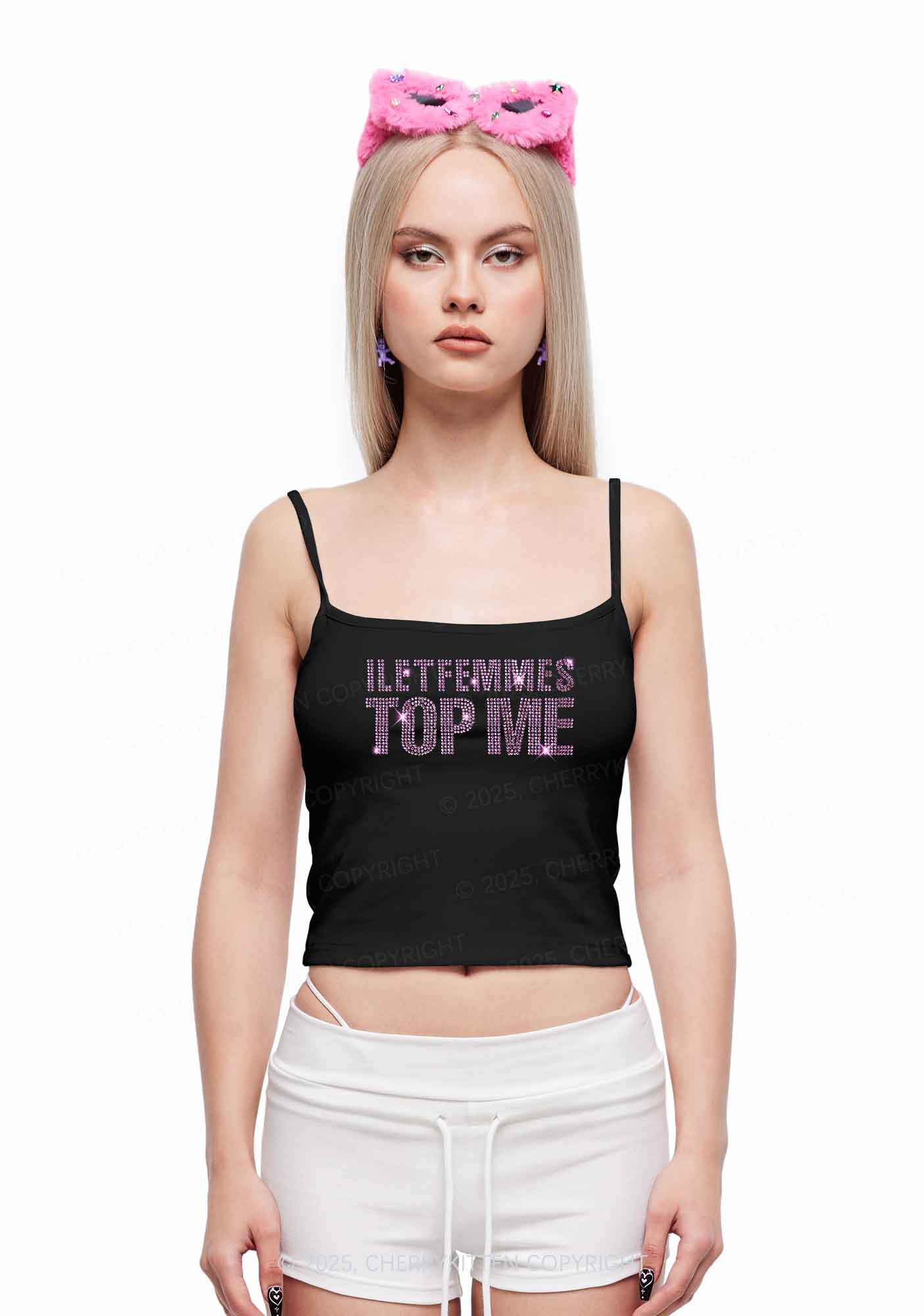 Rhinestone I Let Femmes Top Me Pride Y2K Spaghetti Strap Cami Cherrykitten - Image 2