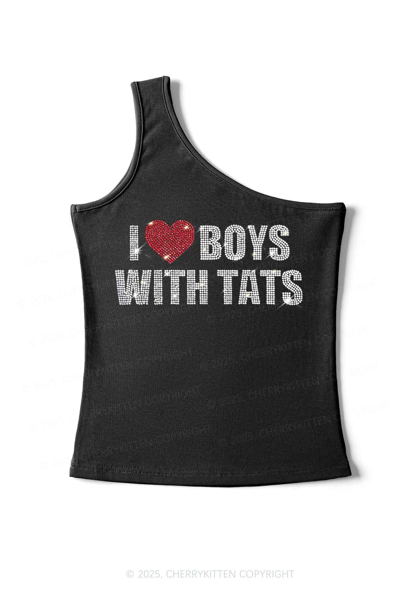 Rhinestone I Love Boys With Tats Y2K One Shoulder Tank Top Cherrykitten - Image 2