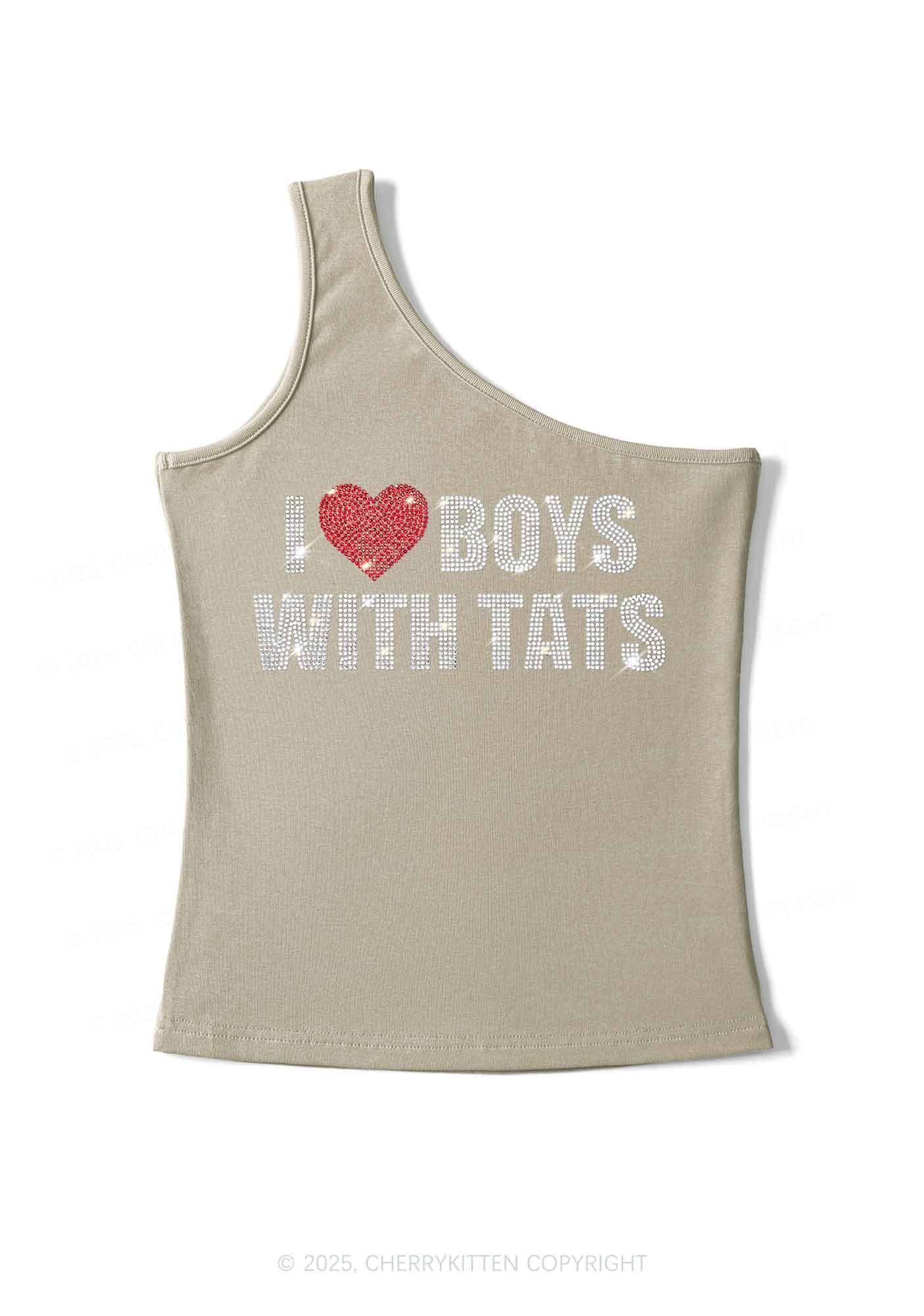 Rhinestone I Love Boys With Tats Y2K One Shoulder Tank Top Cherrykitten - Image 3