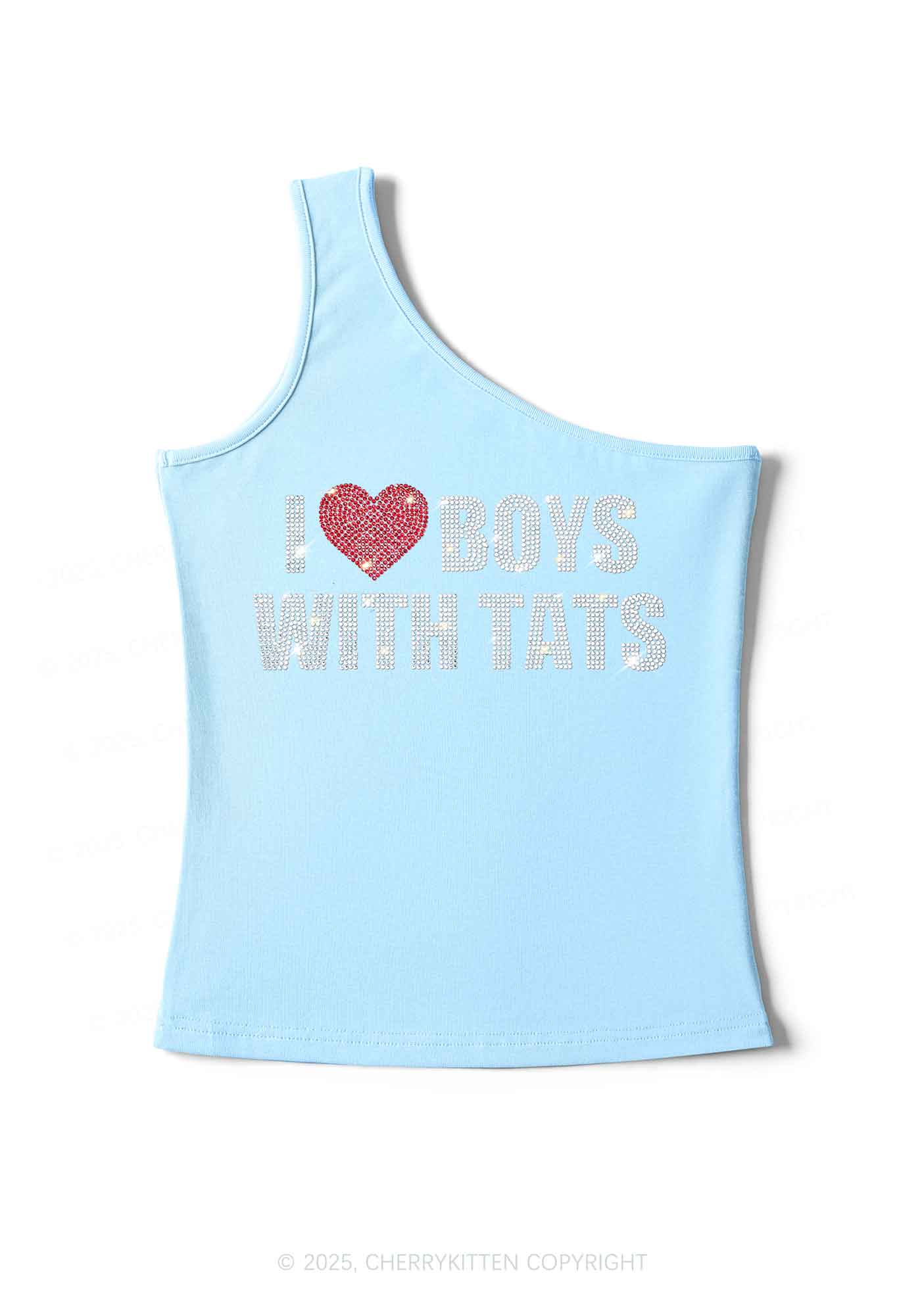 Rhinestone I Love Boys With Tats Y2K One Shoulder Tank Top Cherrykitten - Image 4