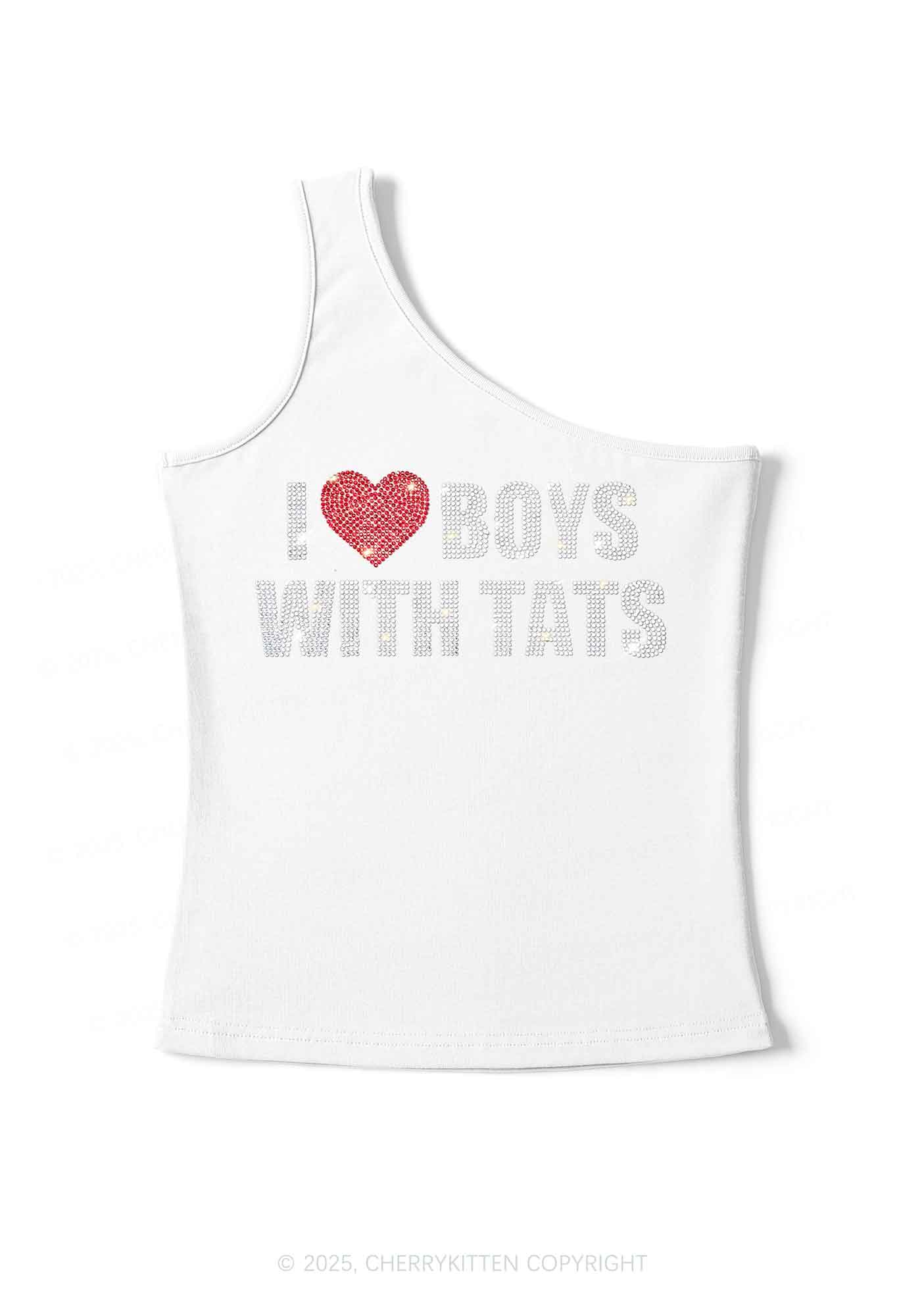 Rhinestone I Love Boys With Tats Y2K One Shoulder Tank Top Cherrykitten - Image 5