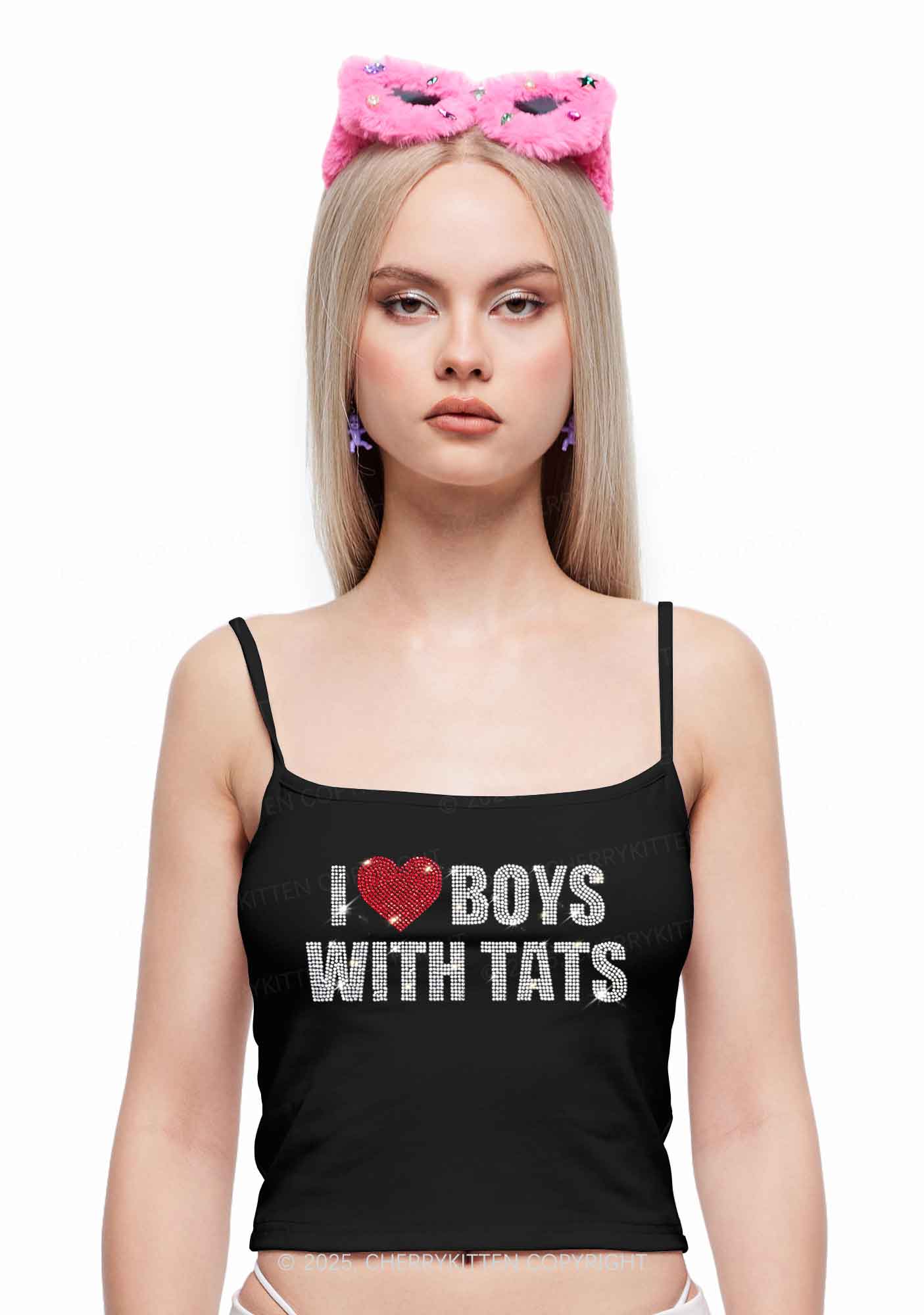Rhinestone I Love Boys With Tats Y2K Spaghetti Strap Cami Cherrykitten - Image 2
