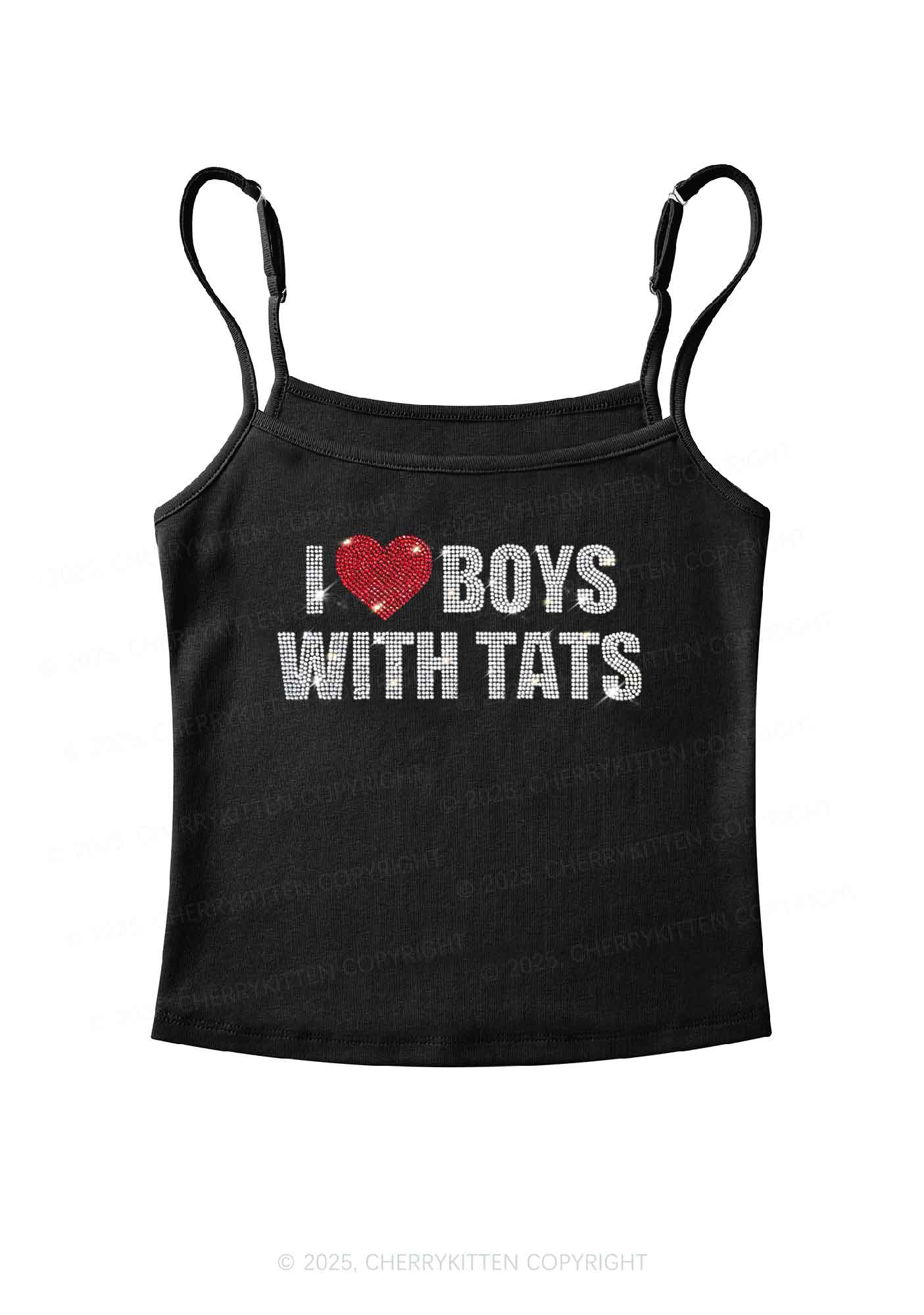 Rhinestone I Love Boys With Tats Y2K Spaghetti Strap Cami Cherrykitten - Image 3