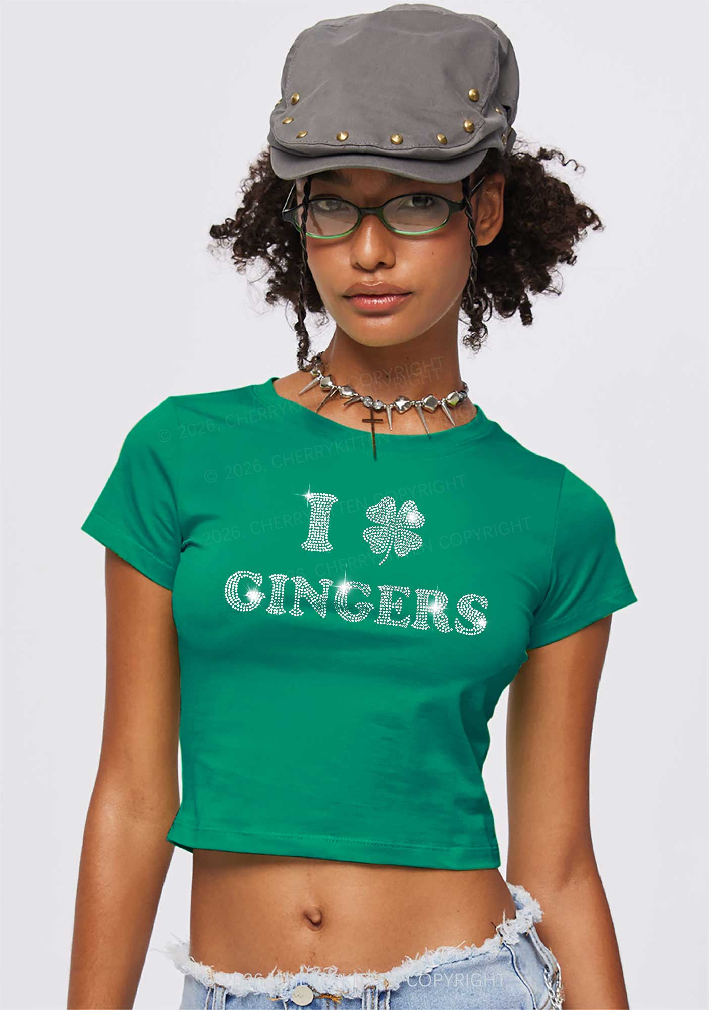 Rhinestone I Love Gingers St Patricks Y2K Baby Tee Cherrykitten - Image 2