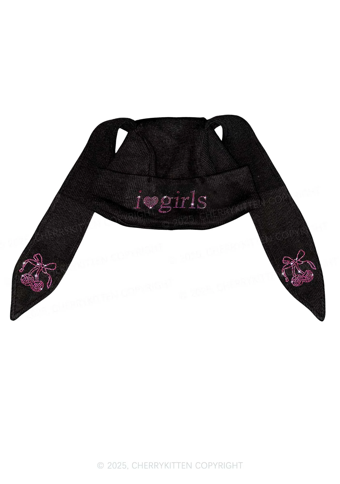 Rhinestone I Love Girls Pride Y2K Bunny Ear Knitted Hat Cherrykitten - Image 2