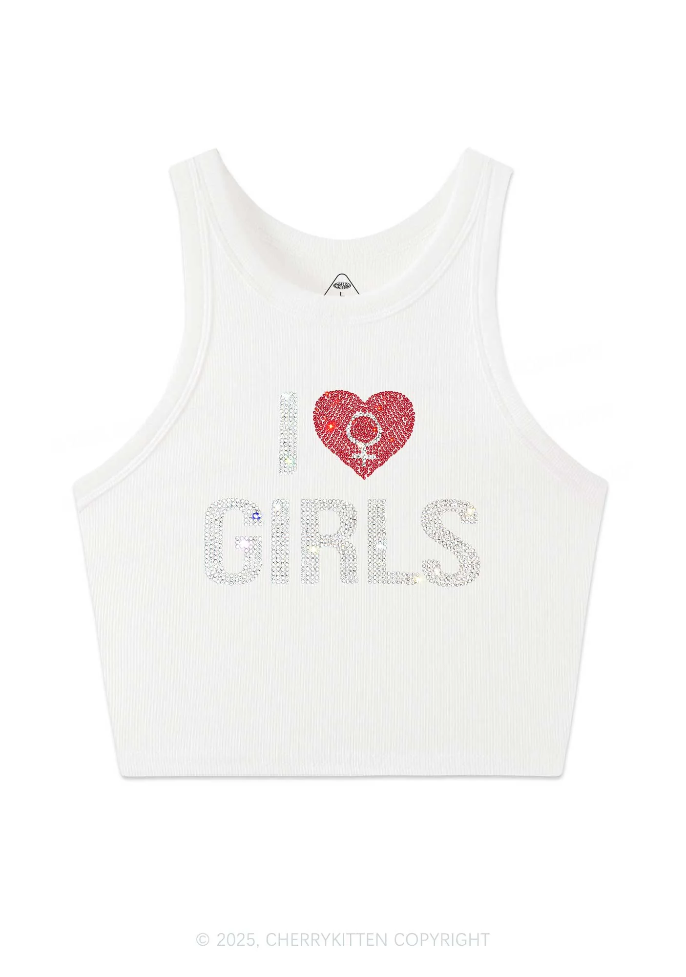 Rhinestone I Love Girls Pride Y2K Crop Tank Top Cherrykitten - Image 3