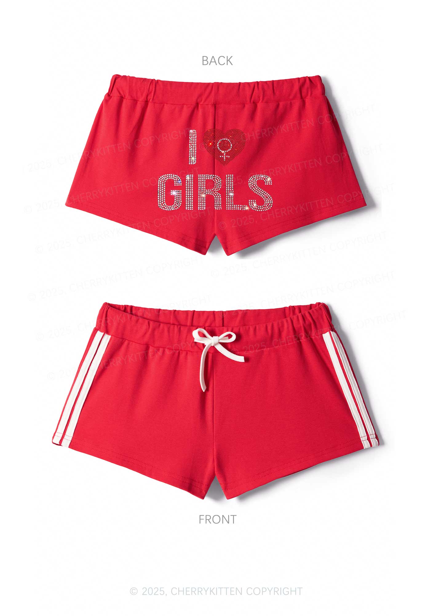 Rhinestone I Love Girls Pride Y2K Drawstring Mini Shorts Cherrykitten - Image 5