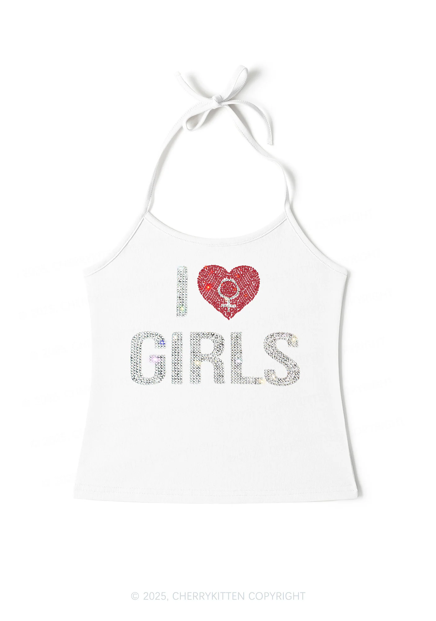 Rhinestone I Love Girls Pride Y2K Halter Neck Cami Cherrykitten - Image 2