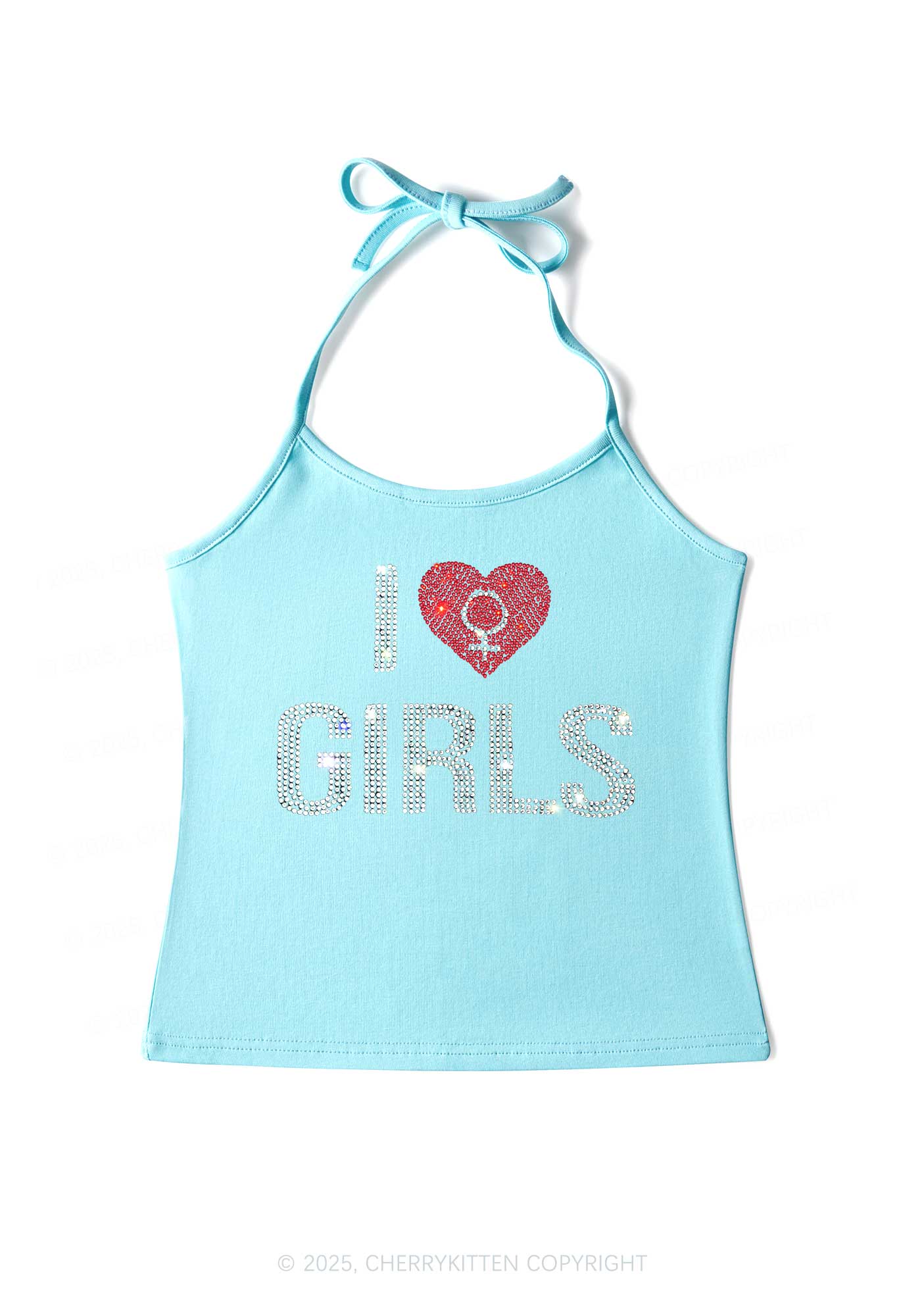 Rhinestone I Love Girls Pride Y2K Halter Neck Cami Cherrykitten - Image 4