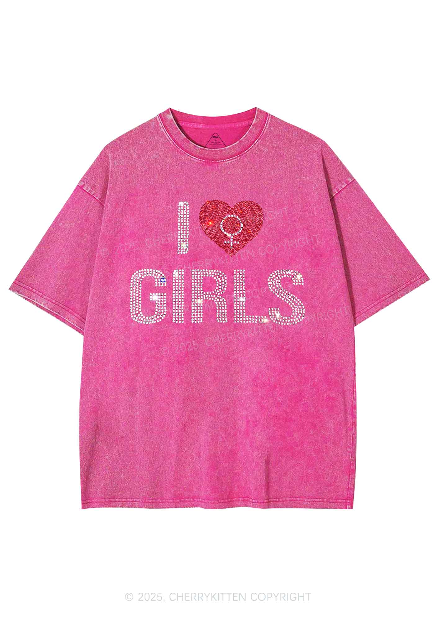 Rhinestone I Love Girls Pride Y2K Shirts Washed Tee Cherrykitten - Image 3