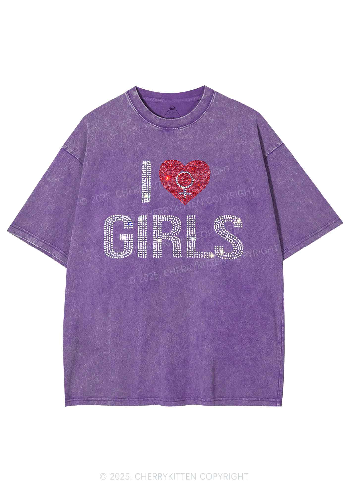 Rhinestone I Love Girls Pride Y2K Shirts Washed Tee Cherrykitten - Image 4