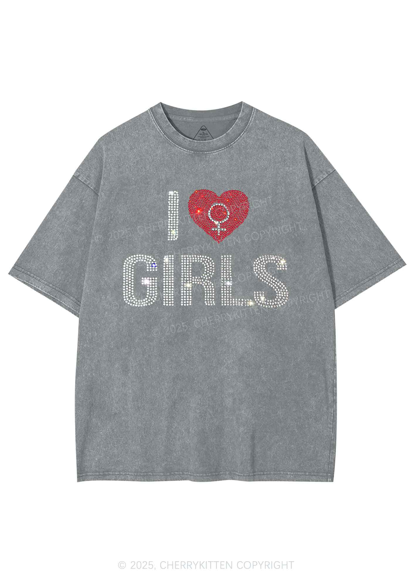 Rhinestone I Love Girls Pride Y2K Shirts Washed Tee Cherrykitten - Image 5