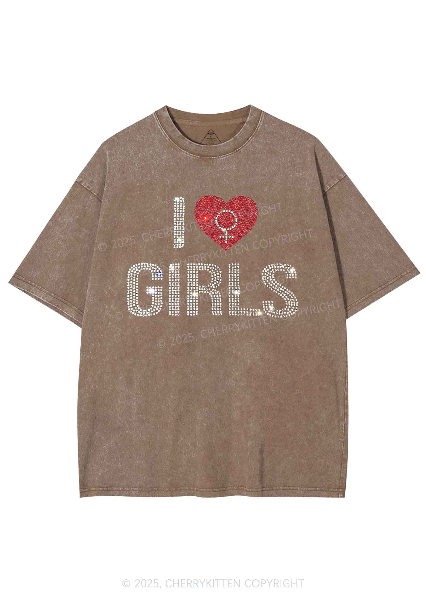Rhinestone I Love Girls Pride Y2K Shirts Washed Tee Cherrykitten - Image 6