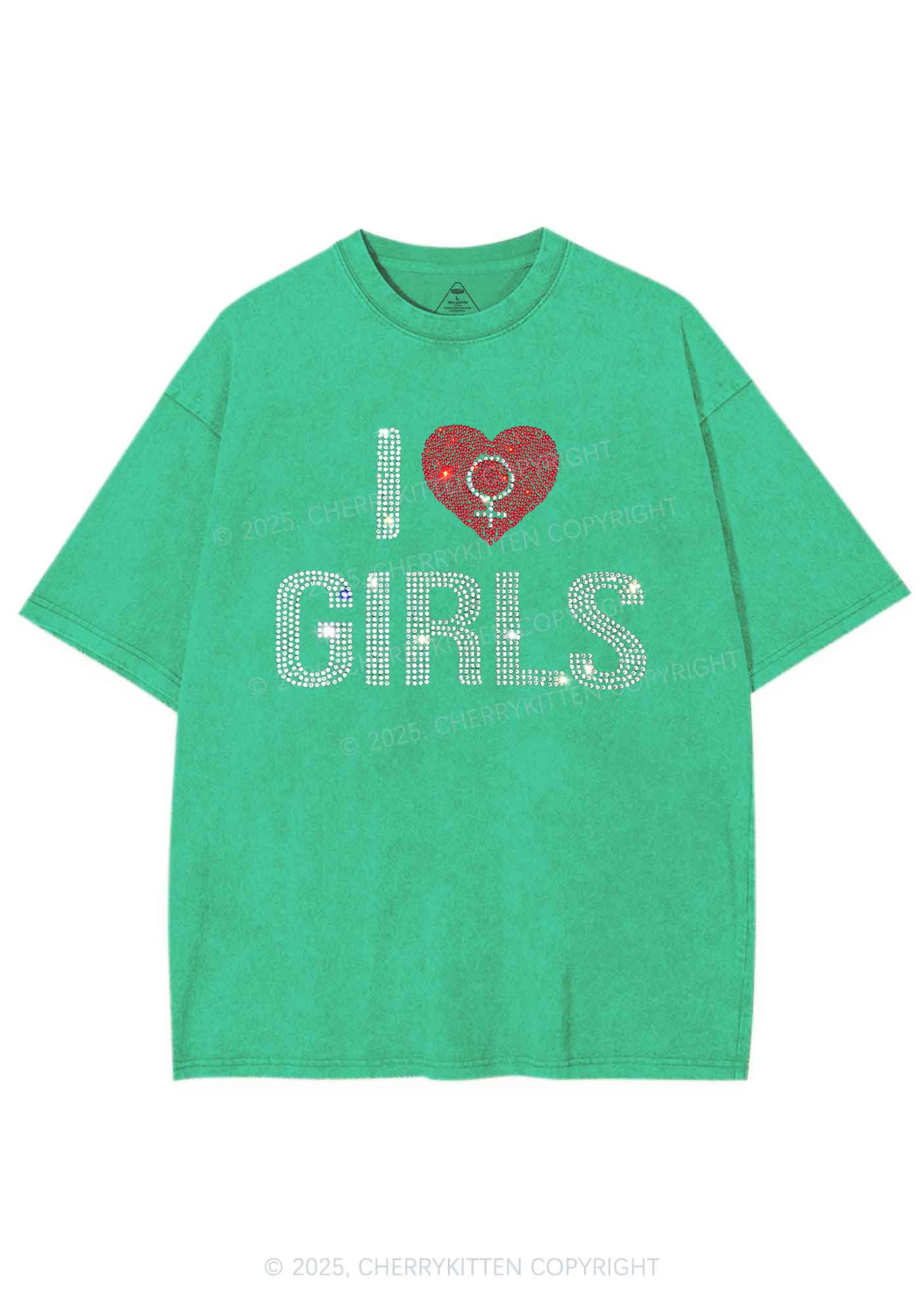Rhinestone I Love Girls Pride Y2K Shirts Washed Tee Cherrykitten - Image 7