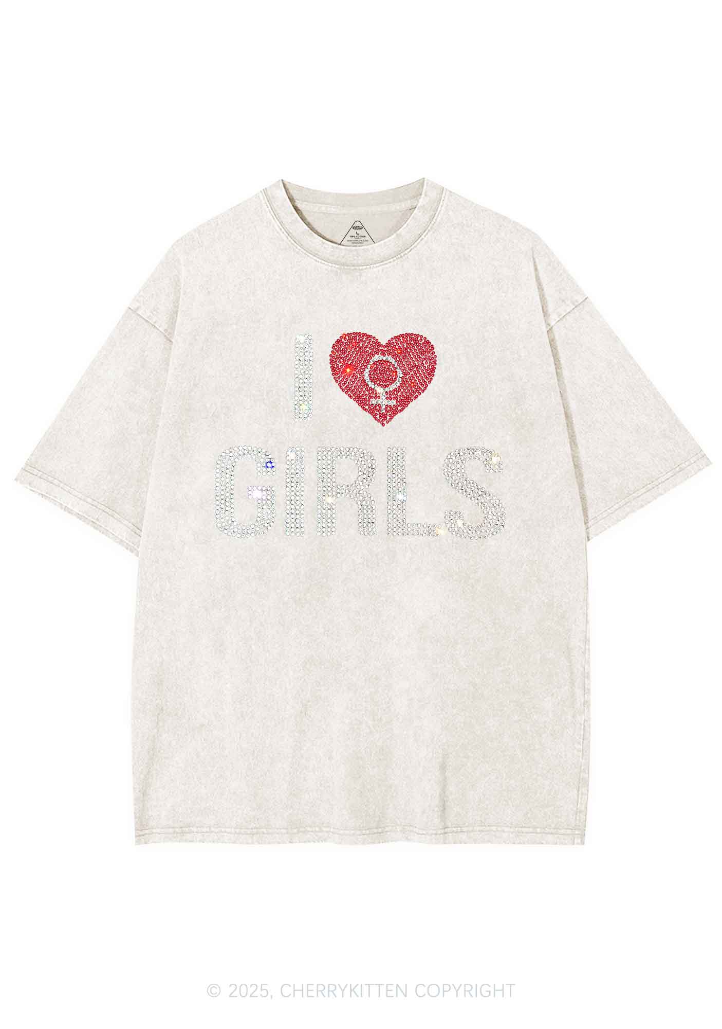 Rhinestone I Love Girls Pride Y2K Shirts Washed Tee Cherrykitten - Image 8