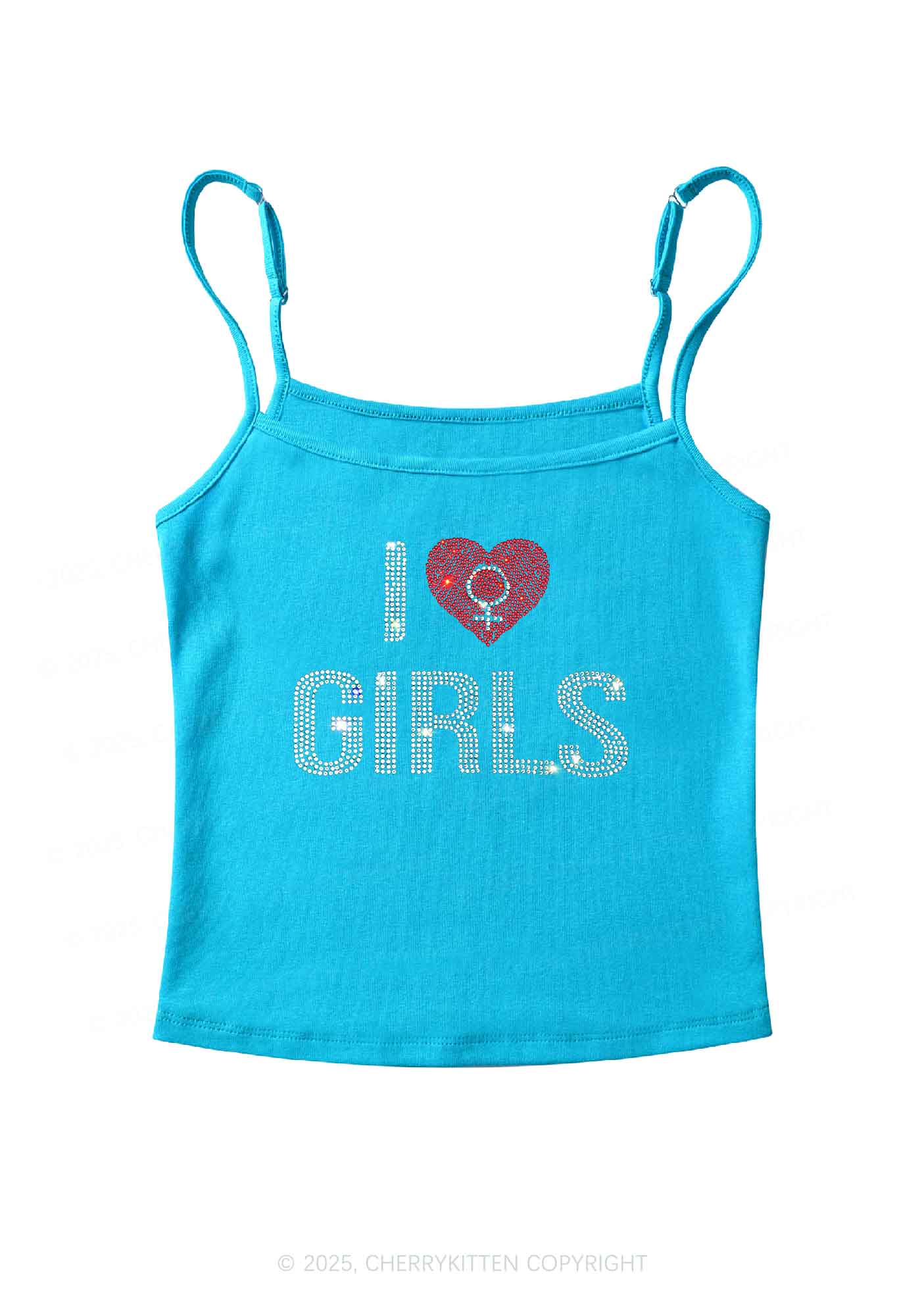 Rhinestone I Love Girls Pride Y2K Spaghetti Strap Cami Cherrykitten - Image 7