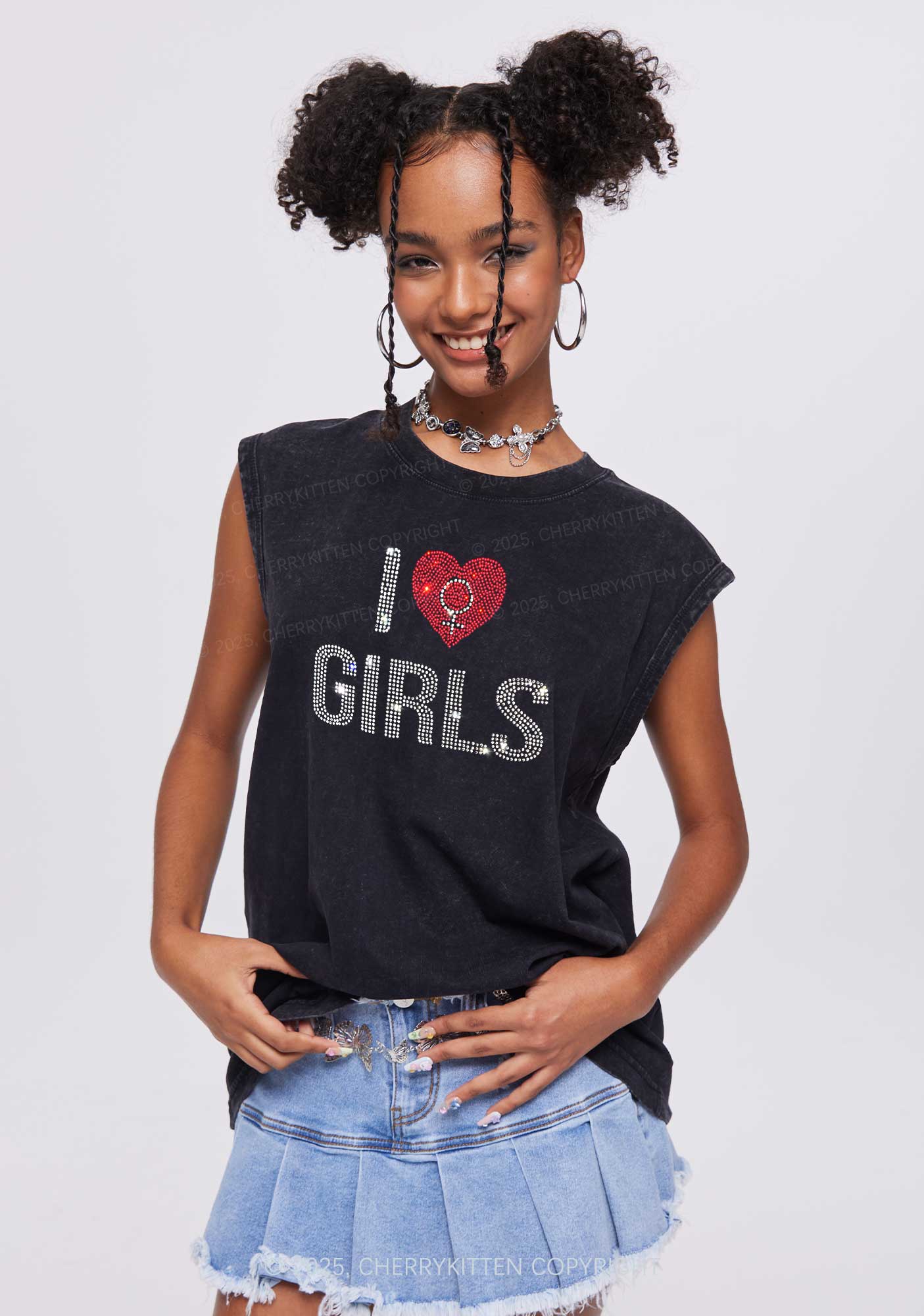 Rhinestone I Love Girls Pride Y2K Washed Muscle Tank Cherrykitten - Image 2