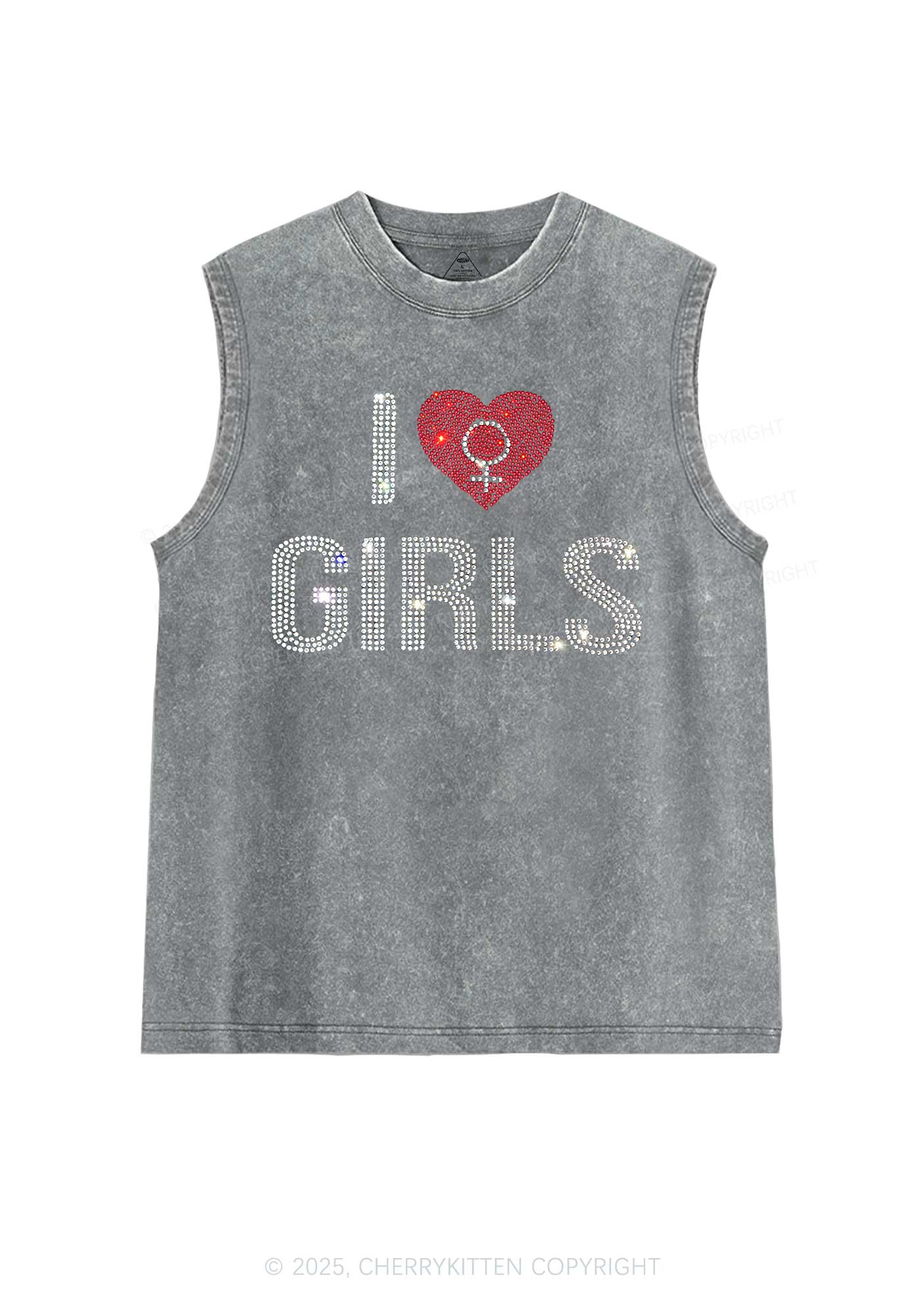 Rhinestone I Love Girls Pride Y2K Washed Muscle Tank Cherrykitten - Image 4