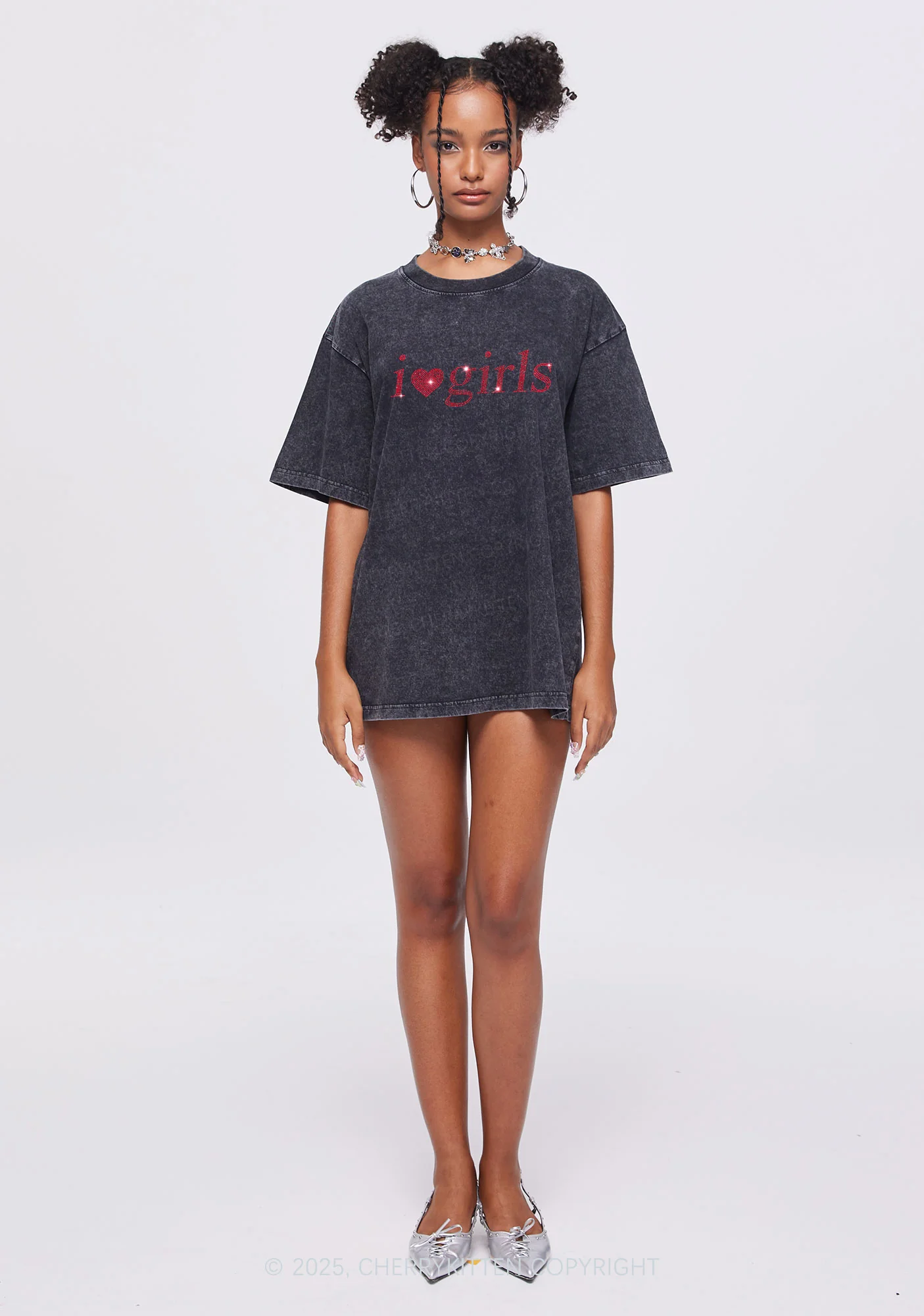 Rhinestone I Love Girls Y2K Shirts Washed Tee Cherrykitten - Image 2