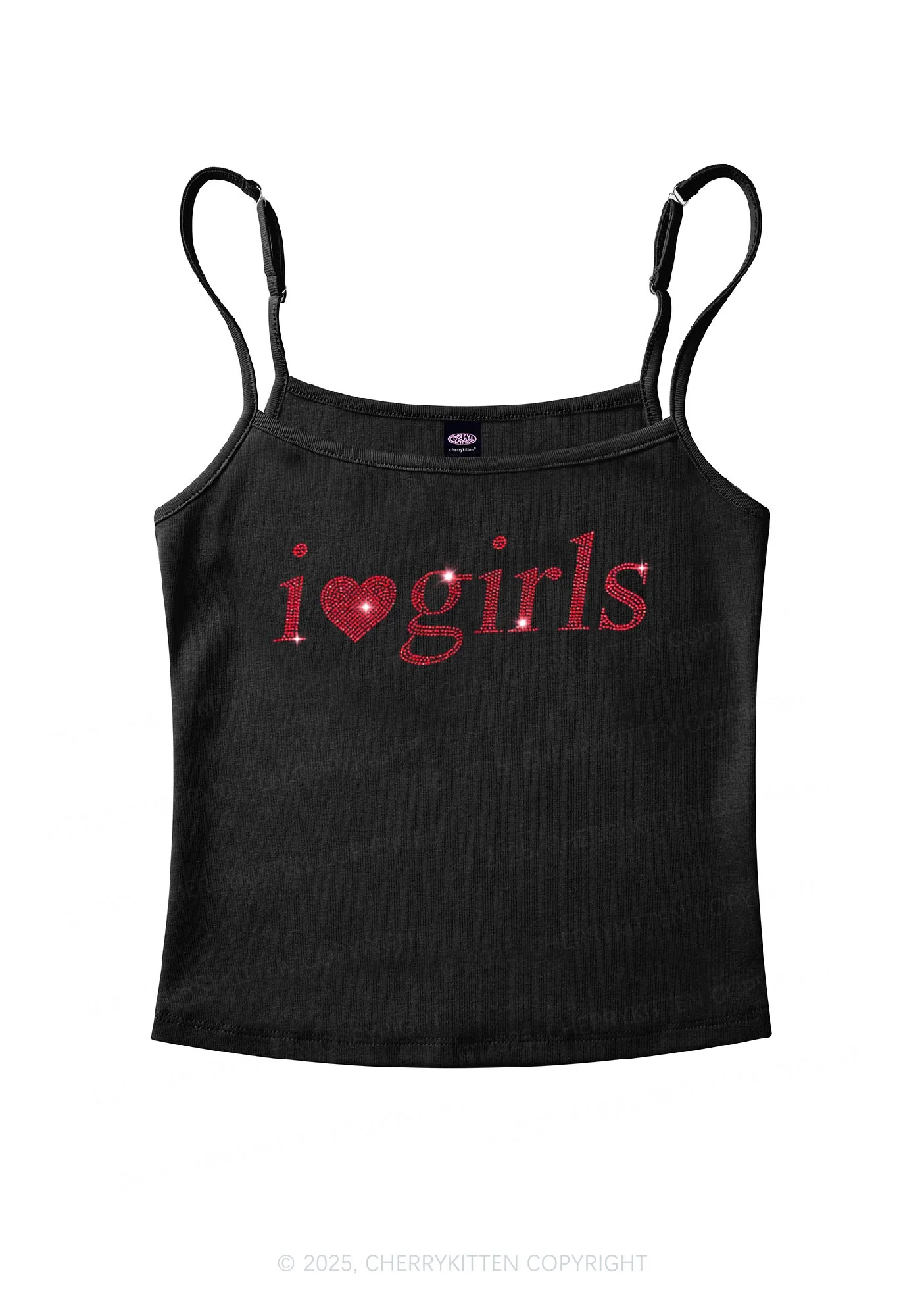 Rhinestone I Love Girls Y2K Spaghetti Strap Cami Cherrykitten - Image 4