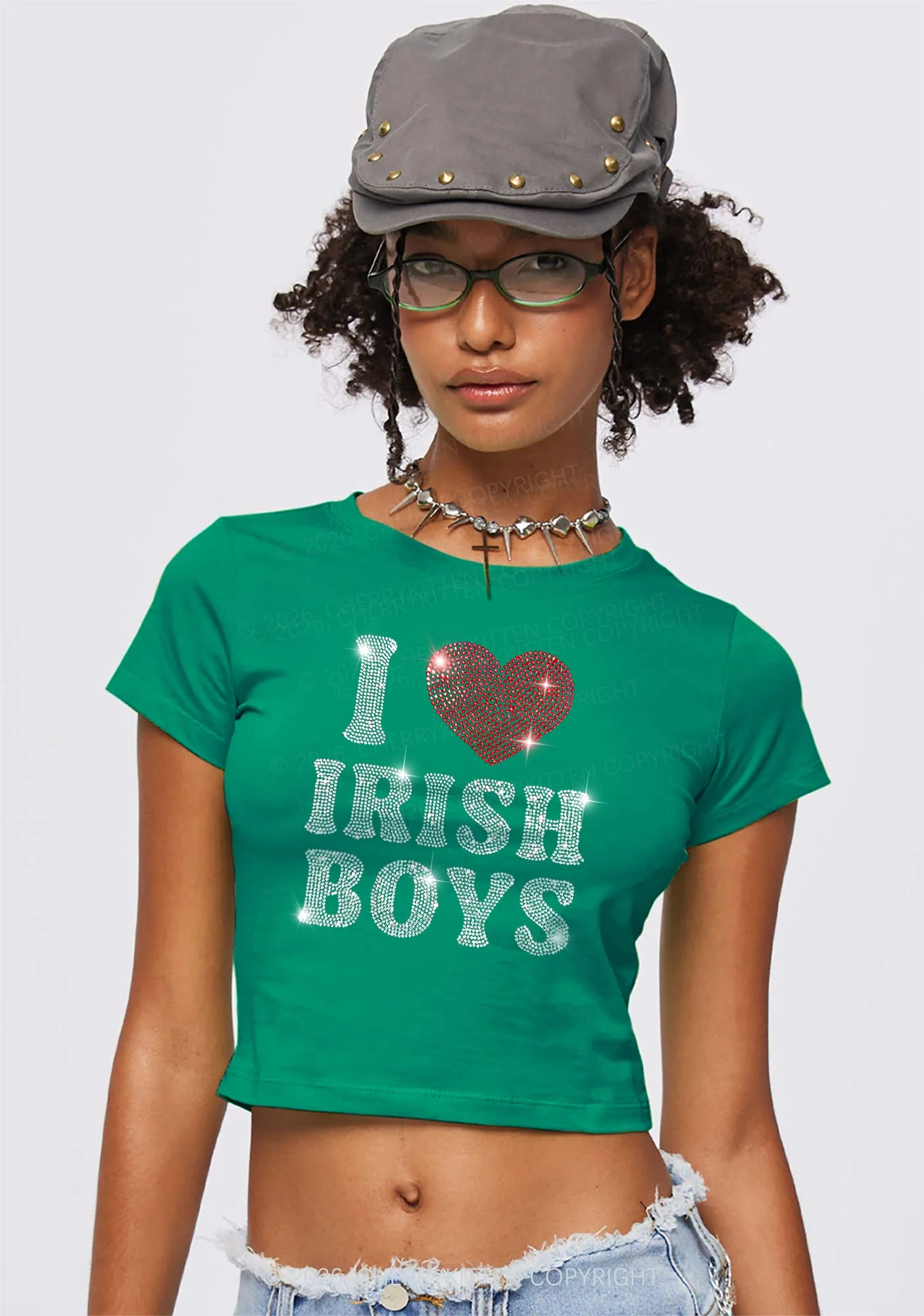 Rhinestone I Love Irish Boys St Patricks Y2K Baby Tee Cherrykitten - Image 2