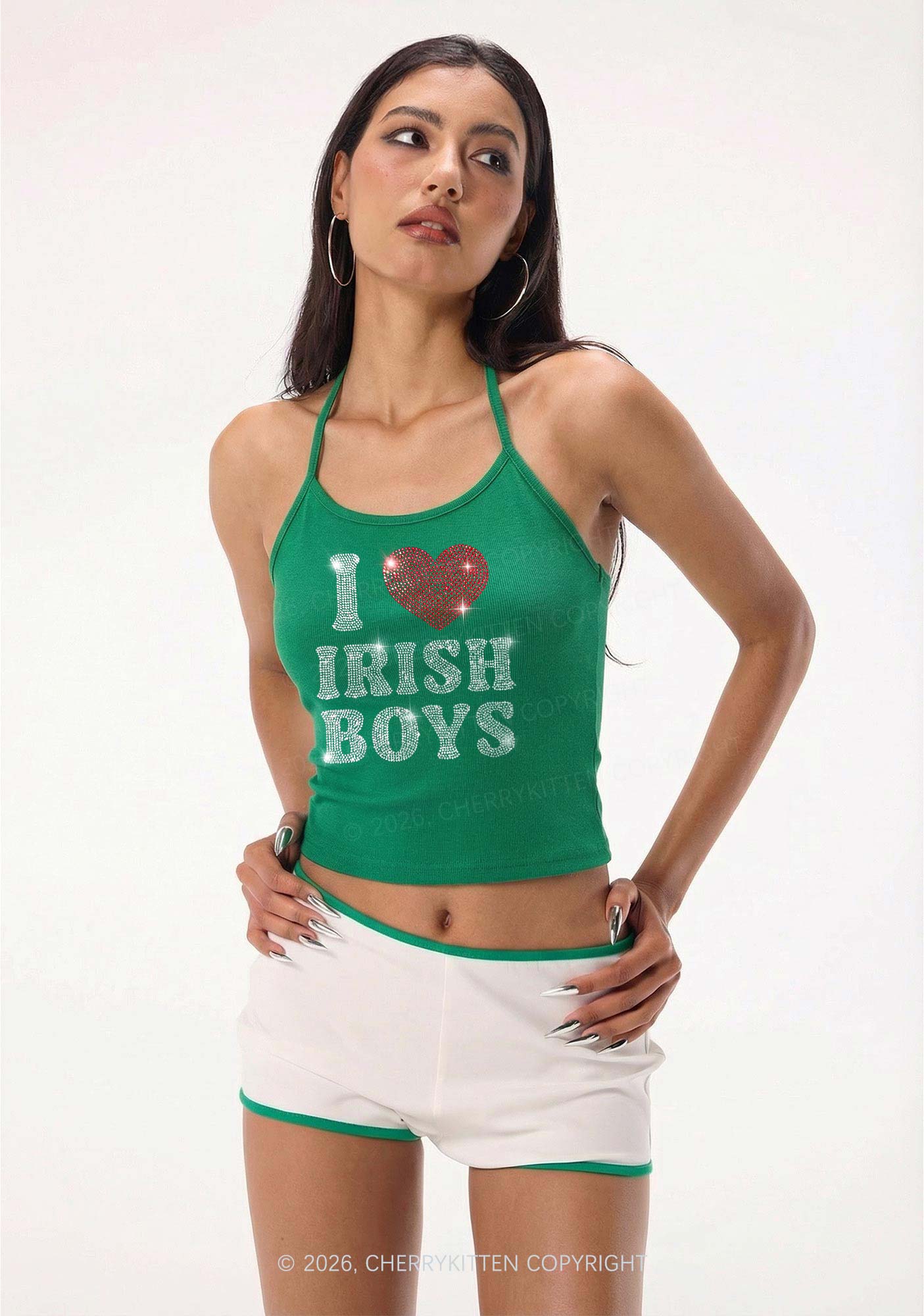 Rhinestone I Love Irish Boys St Patricks Y2K Halter Neck Cami Cherrykitten - Image 2