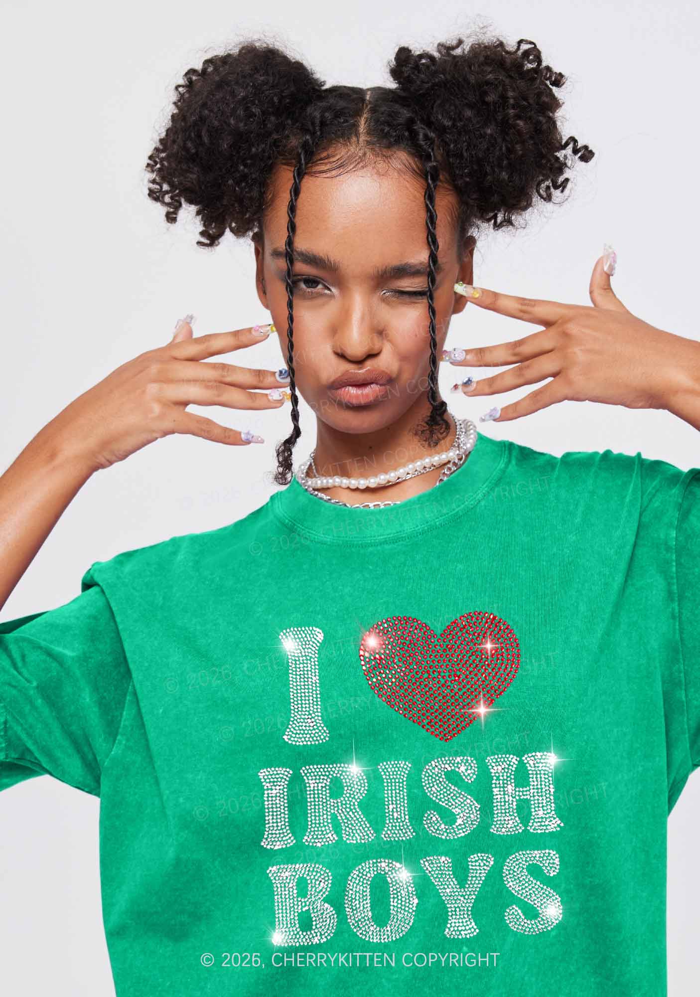 Rhinestone I Love Irish Boys St Patricks Y2K Shirts Washed Tee Cherrykitten - Image 2