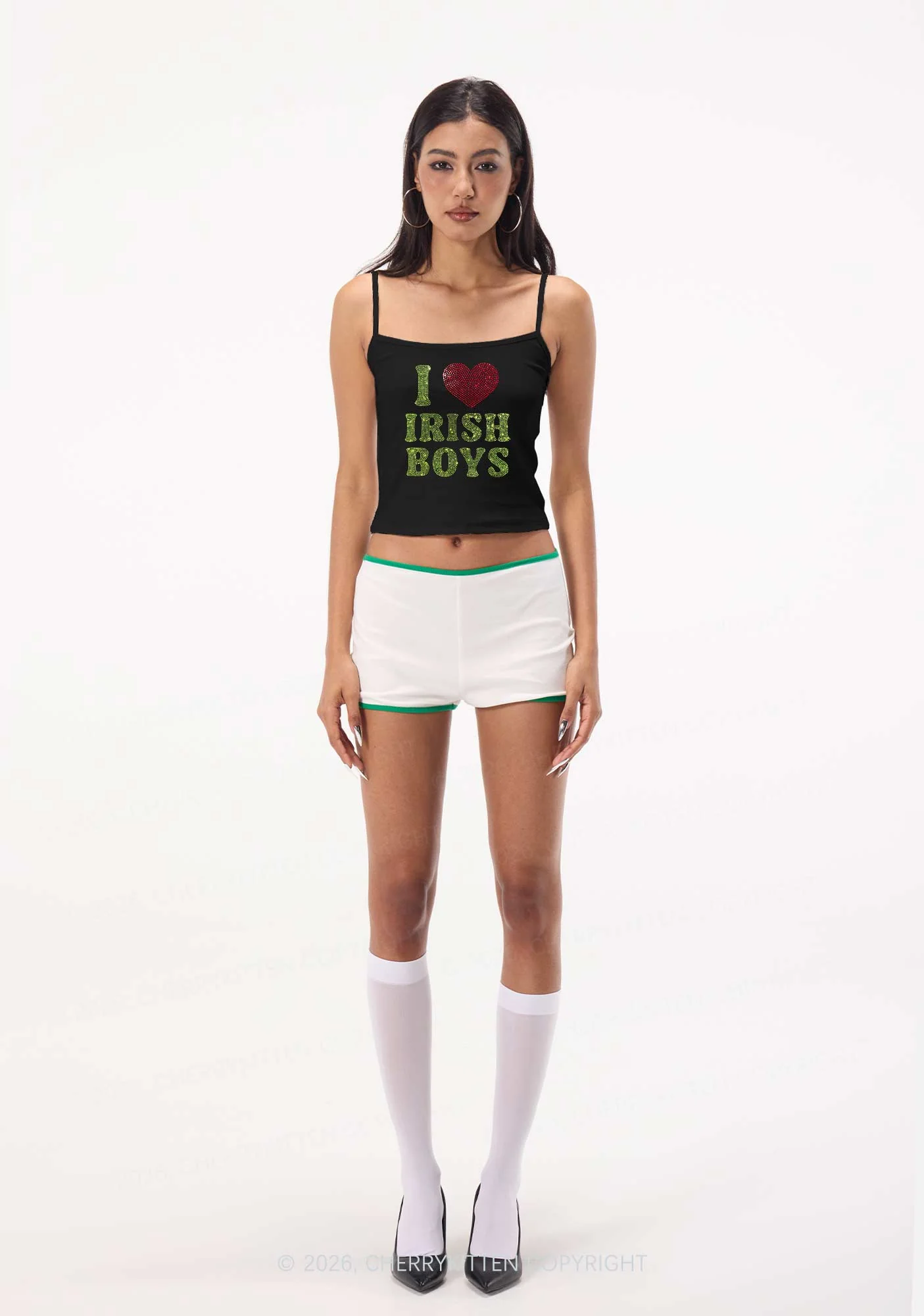 Rhinestone I Love Irish Boys St Patricks Y2K Spaghetti Strap Cami Cherrykitten - Image 2