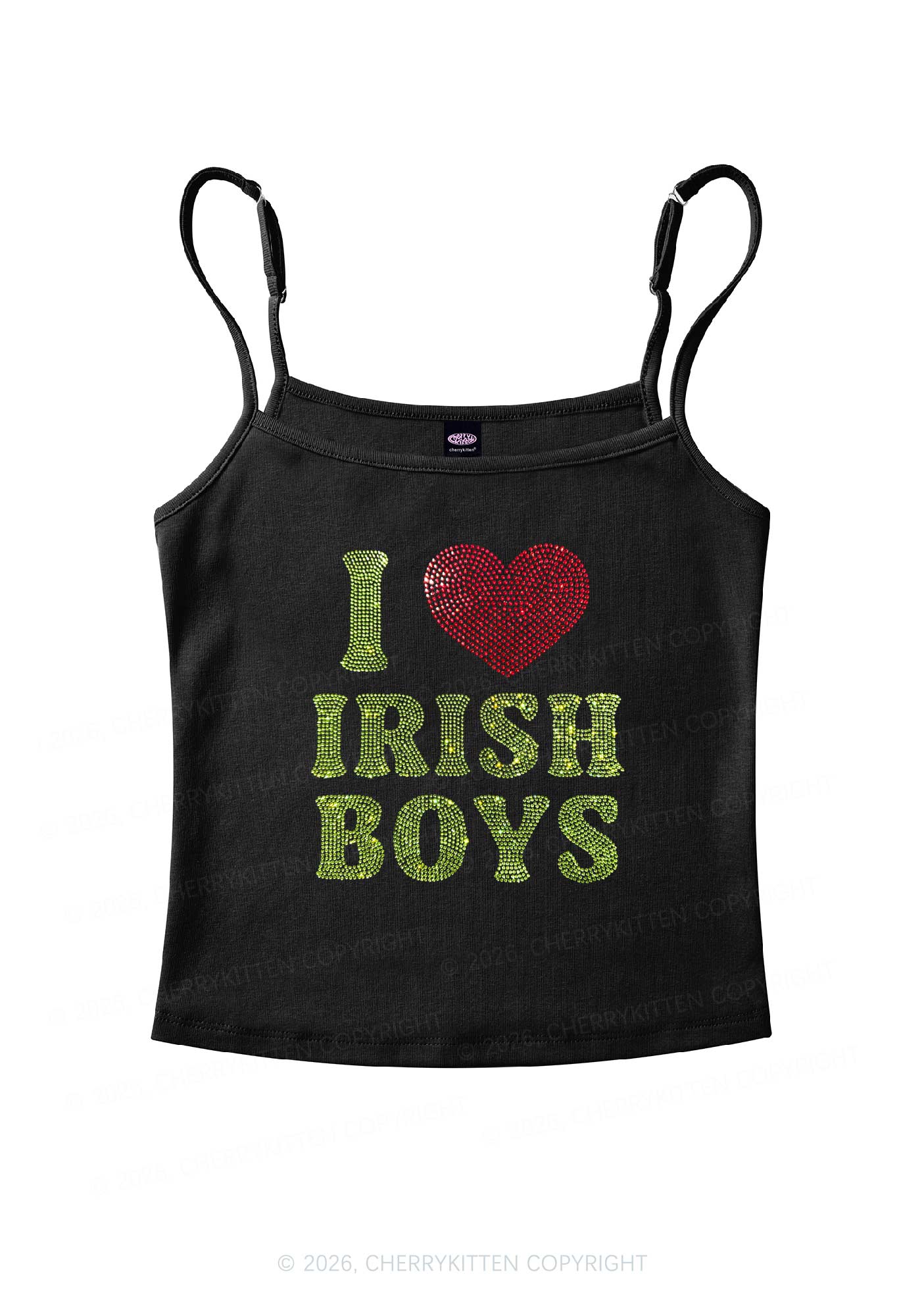 Rhinestone I Love Irish Boys St Patricks Y2K Spaghetti Strap Cami Cherrykitten - Image 3