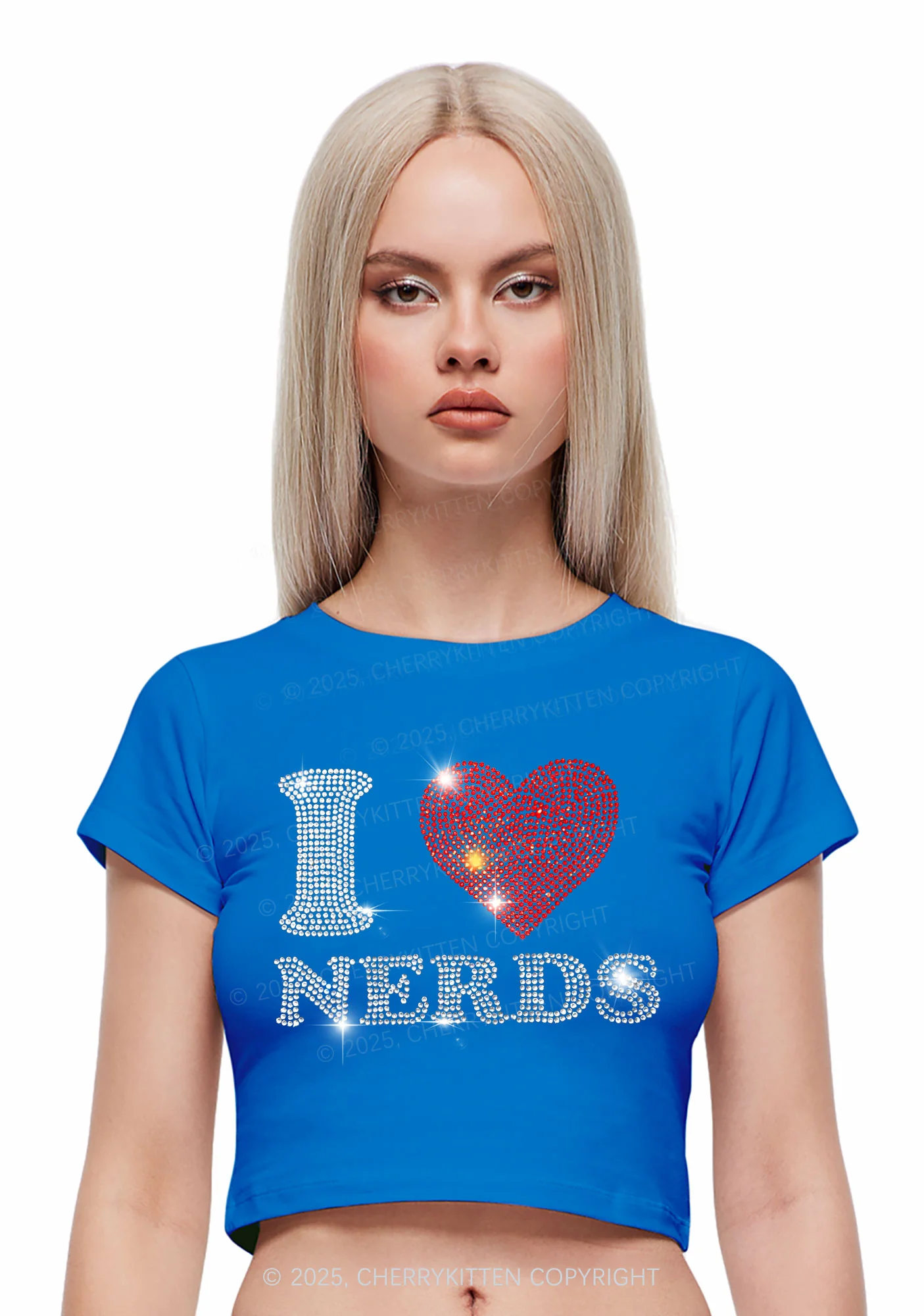 Rhinestone I Love Nerds Y2K Baby Tee Cherrykitten - Image 2