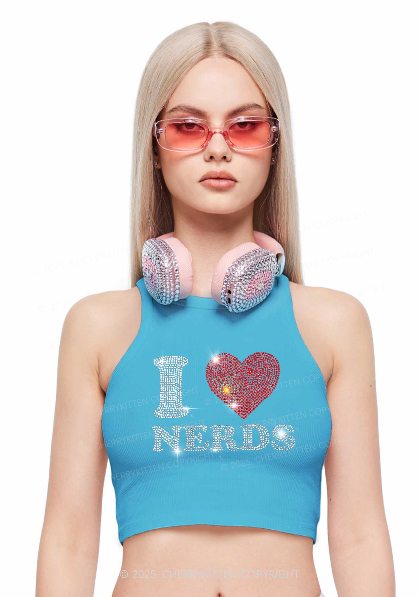 Rhinestone I Love Nerds Y2K Crop Tank Top Cherrykitten - Image 2