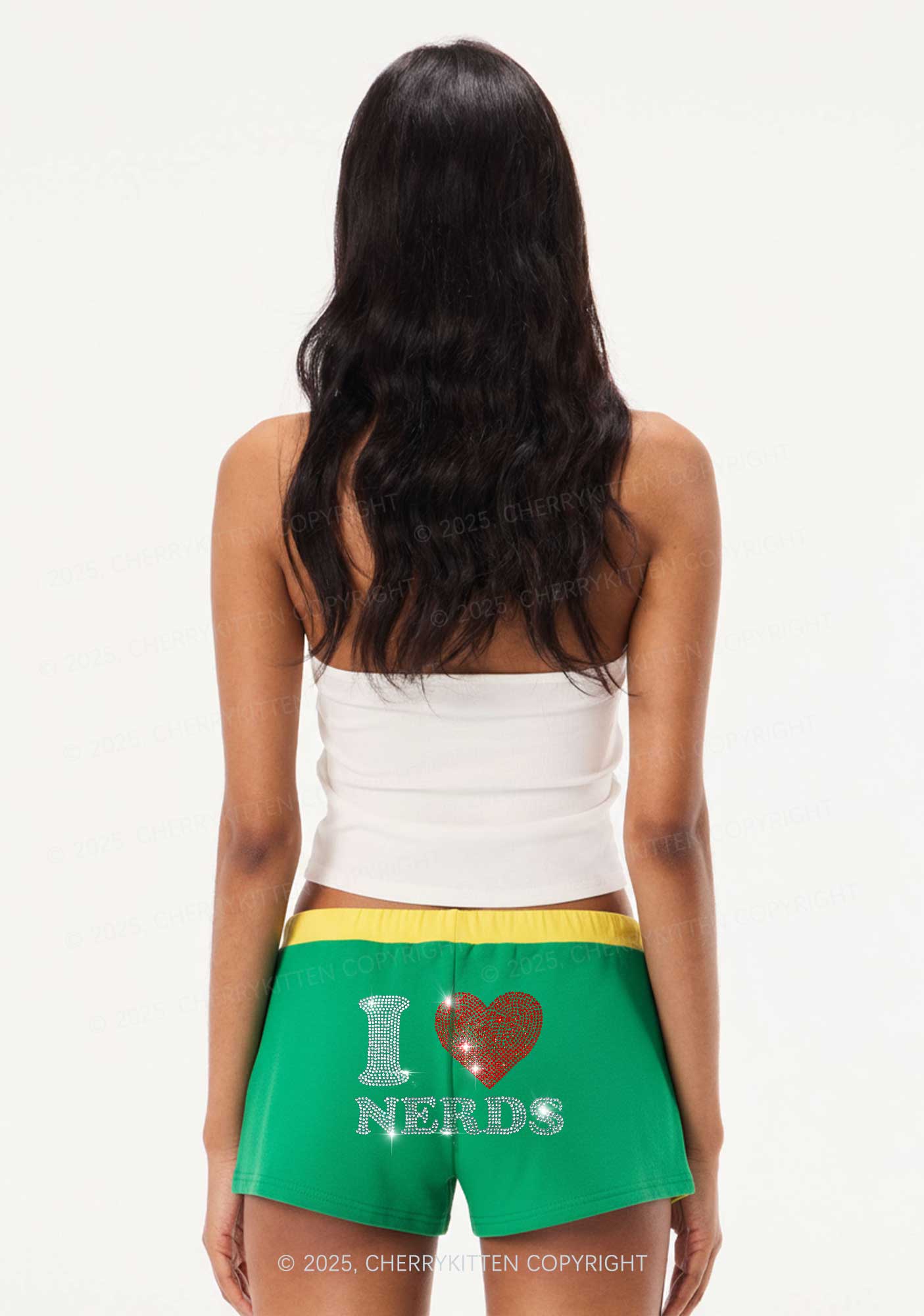 Rhinestone I Love Nerds Y2K Drawstring Mini Shorts Cherrykitten - Image 2