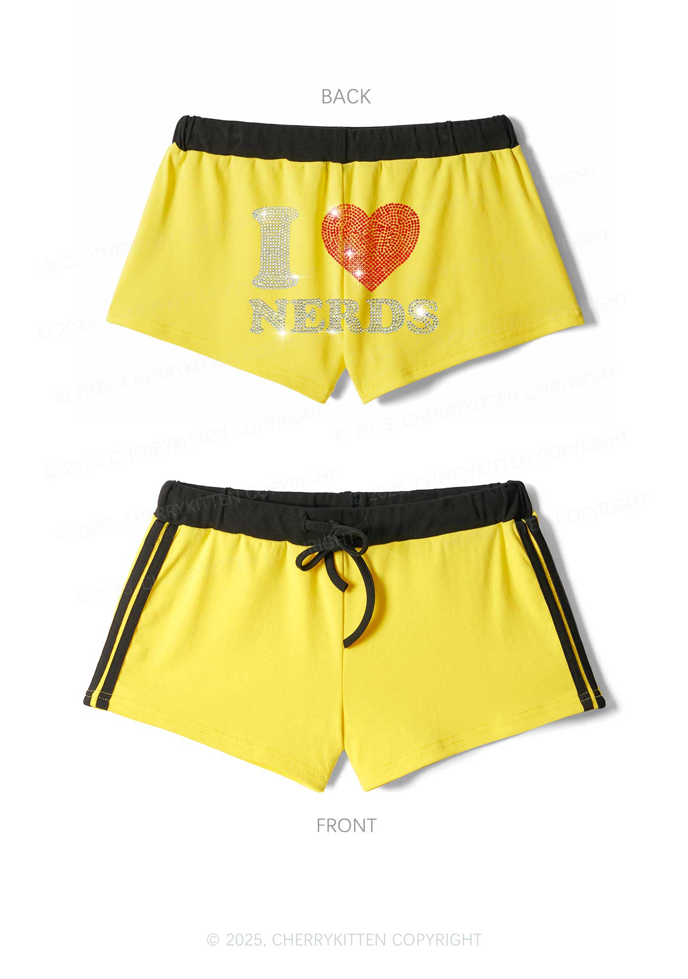 Rhinestone I Love Nerds Y2K Drawstring Mini Shorts Cherrykitten - Image 3