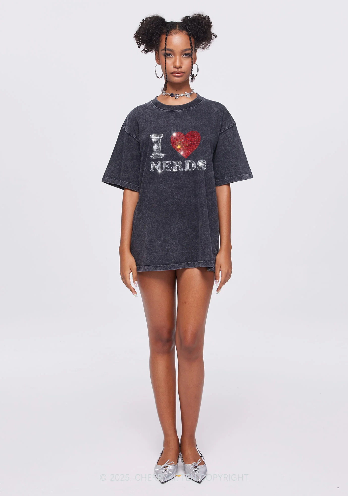 Rhinestone I Love Nerds Y2K Shirts Washed Tee Cherrykitten - Image 2
