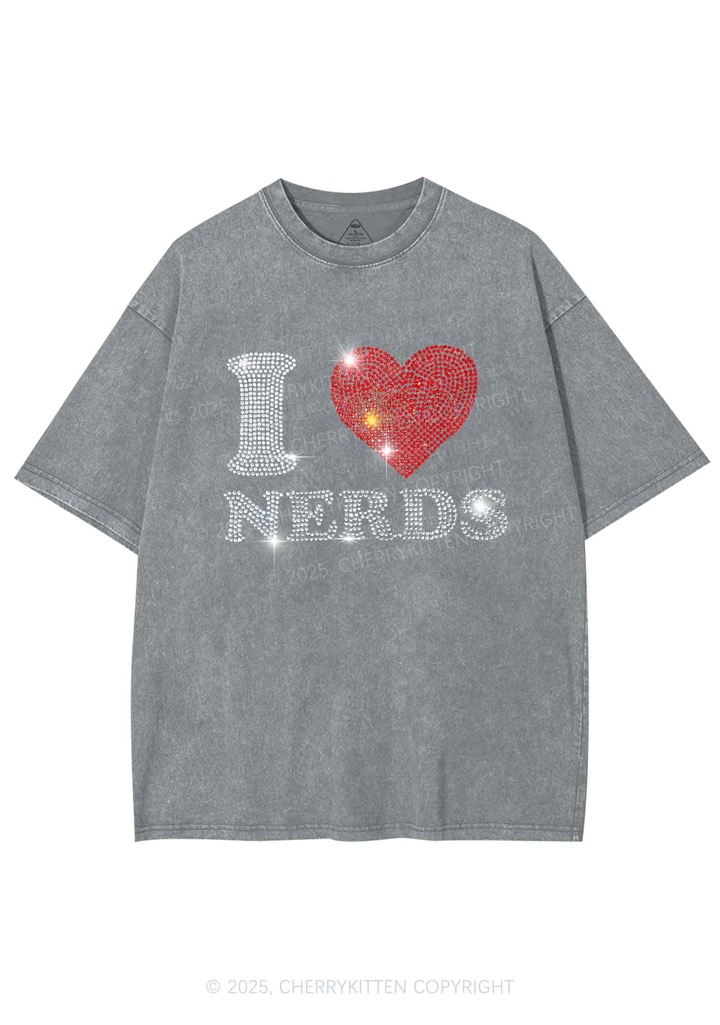 Rhinestone I Love Nerds Y2K Shirts Washed Tee Cherrykitten - Image 7