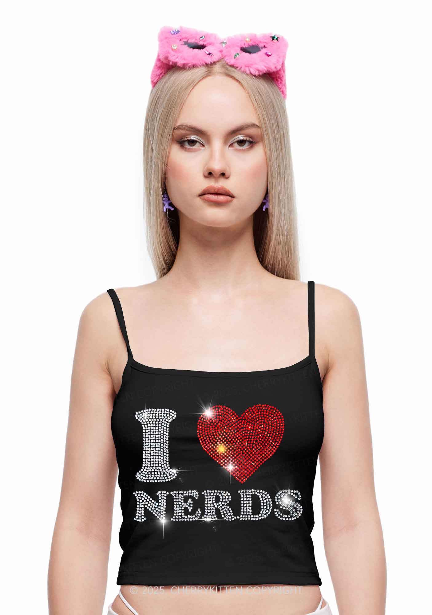 Rhinestone I Love Nerds Y2K Spaghetti Strap Cami Cherrykitten - Image 2