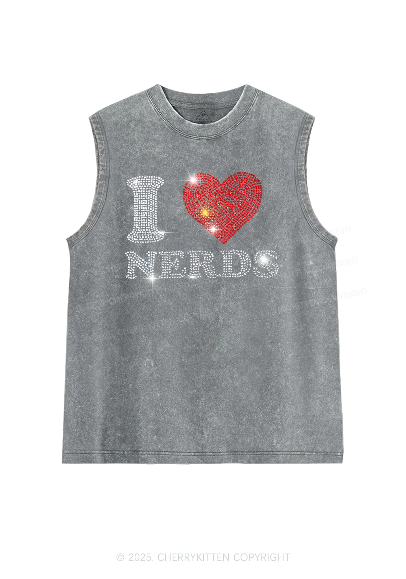 Rhinestone I Love Nerds Y2K Washed Muscle Tank Cherrykitten - Image 5