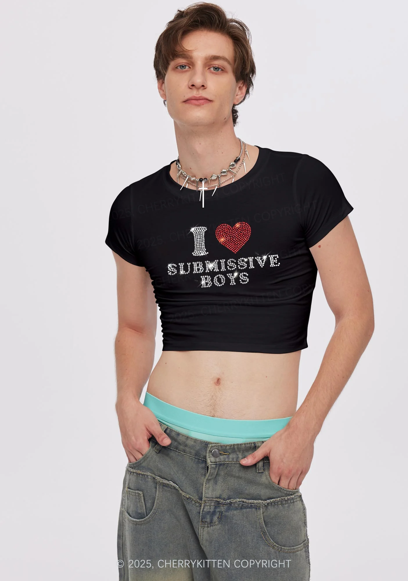 Rhinestone I Love S Boys Y2K Baby Tee Cherrykitten - Image 2