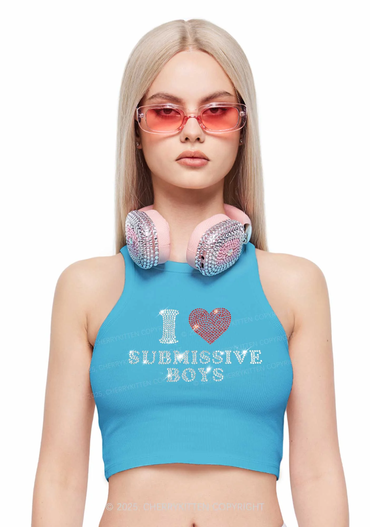 Rhinestone I Love S Boys Y2K Crop Tank Top Cherrykitten - Image 2