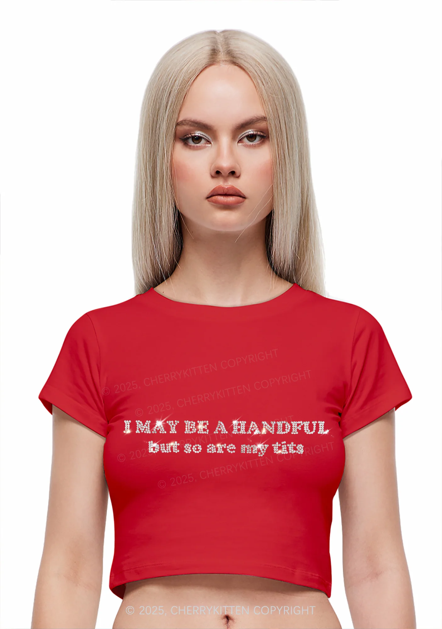 Rhinestone I May Be A Handful Y2K Baby Tee Cherrykitten - Image 2