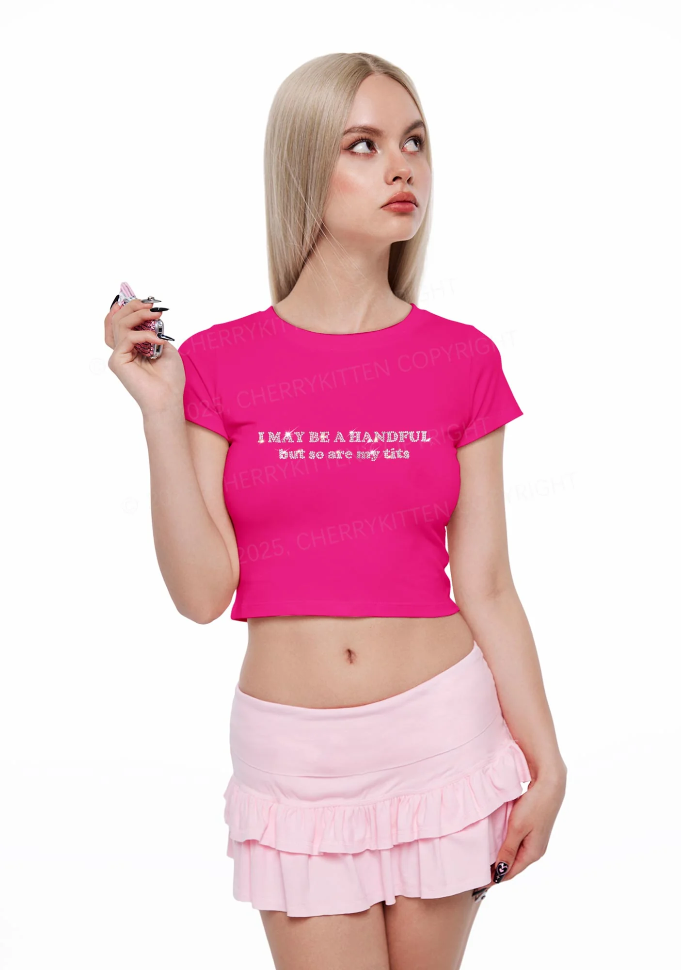 Rhinestone I May Be A Handful Y2K Baby Tee Cherrykitten - Image 3