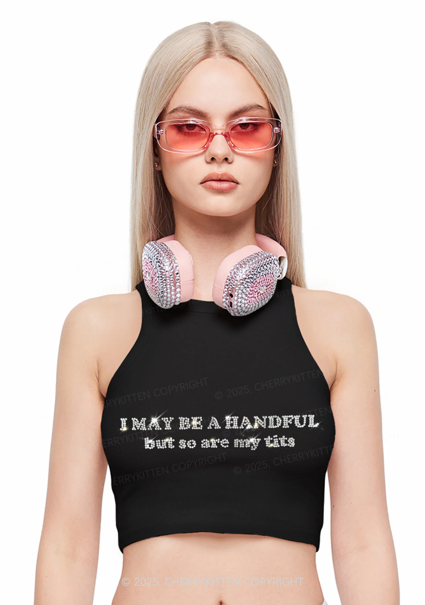 Rhinestone I May Be A Handful Y2K Crop Tank Top Cherrykitten - Image 2