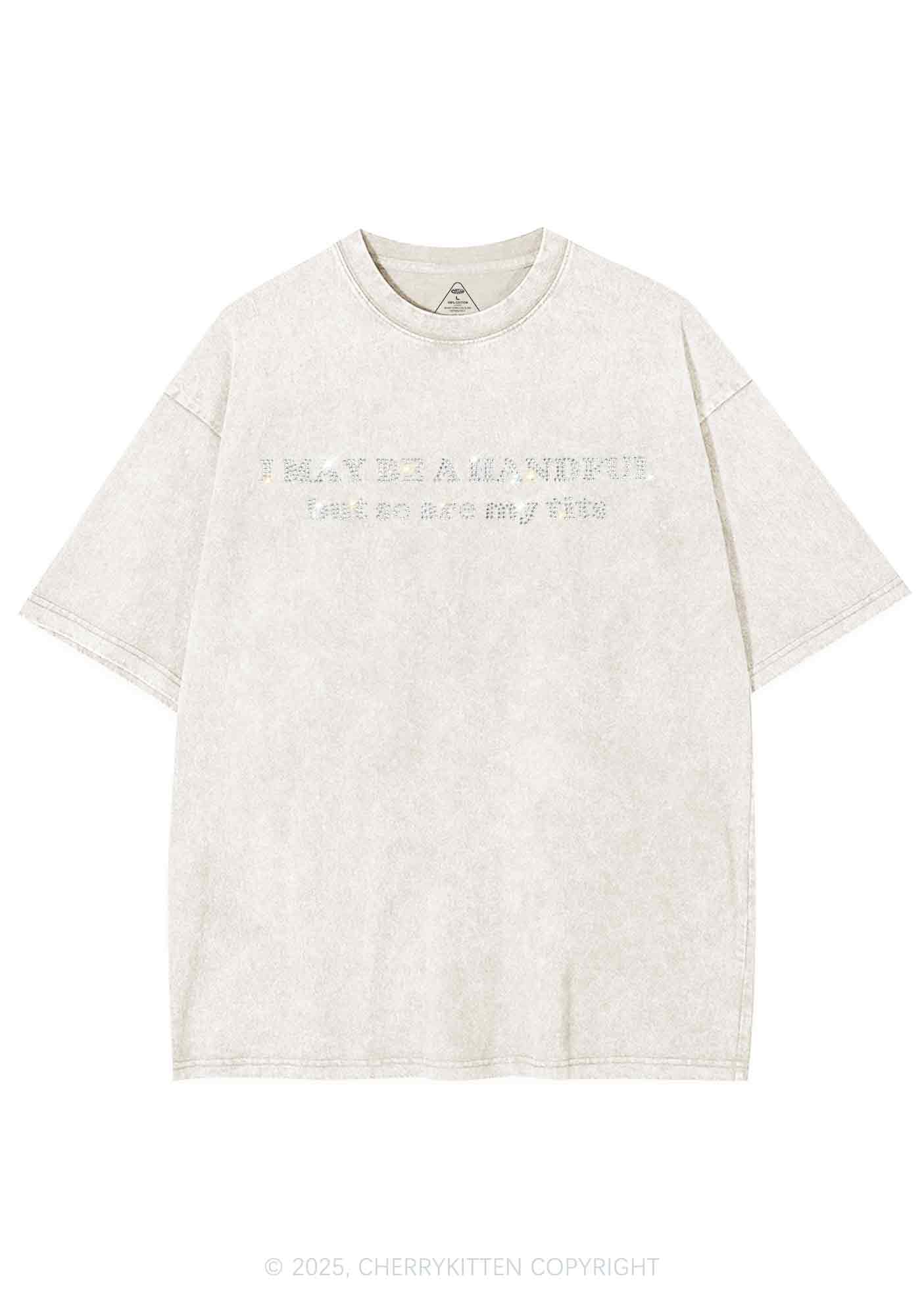 Rhinestone I May Be A Handful Y2K Shirts Washed Tee Cherrykitten - Image 8
