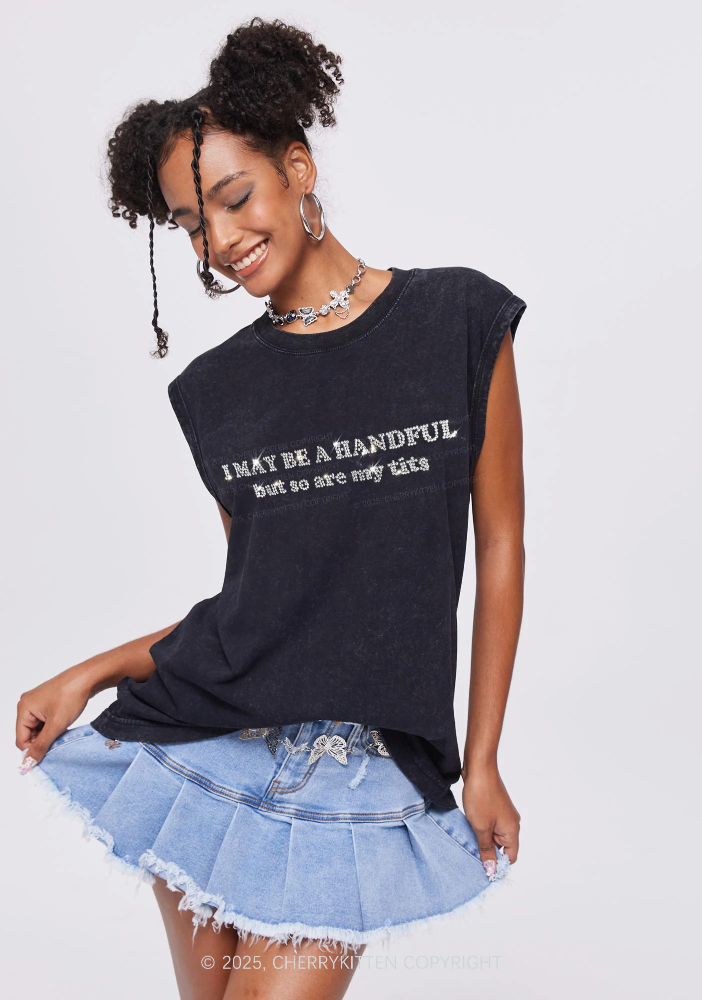 Rhinestone I May Be A Handful Y2K Washed Muscle Tank Cherrykitten - Image 2