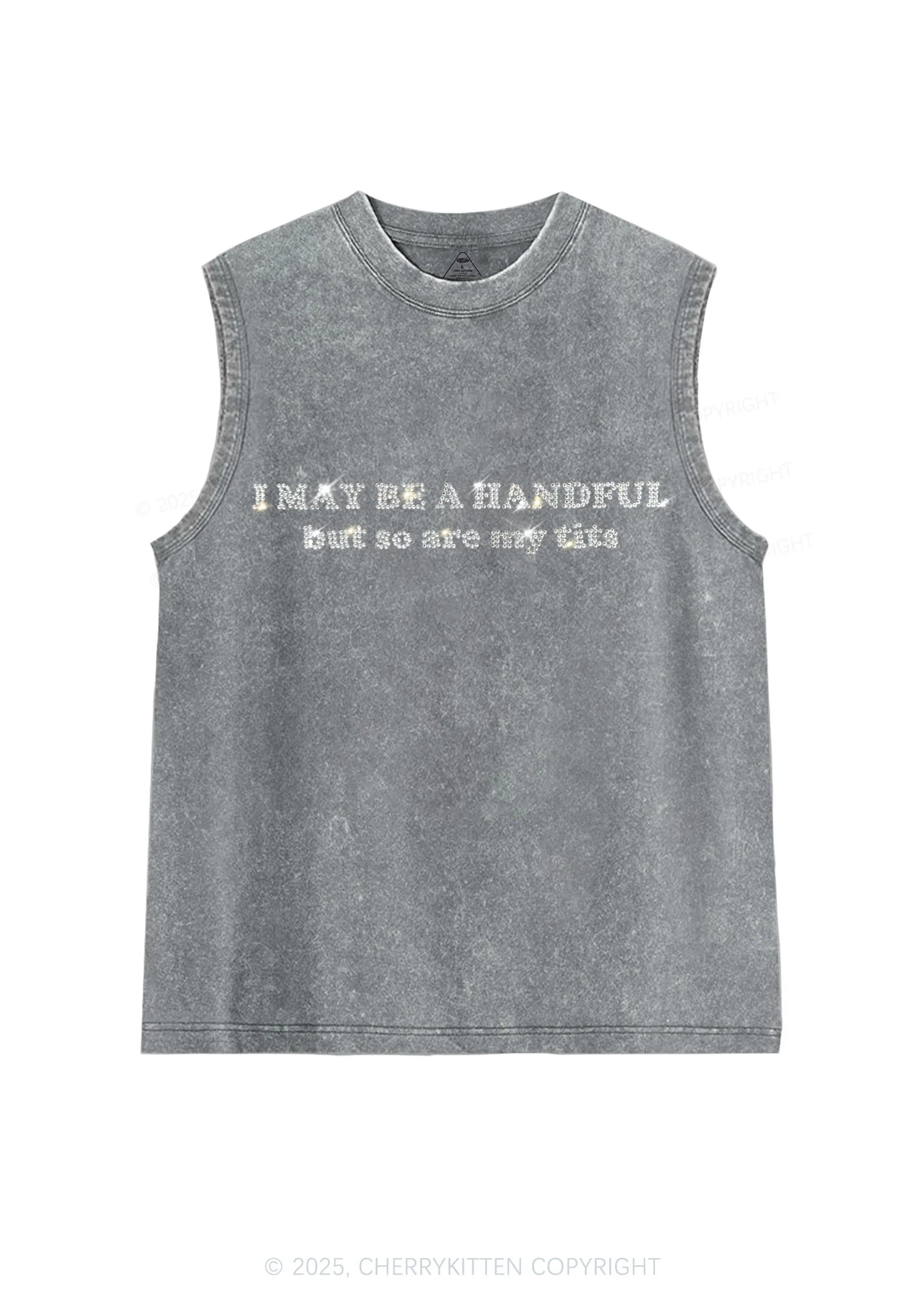 Rhinestone I May Be A Handful Y2K Washed Muscle Tank Cherrykitten - Image 4