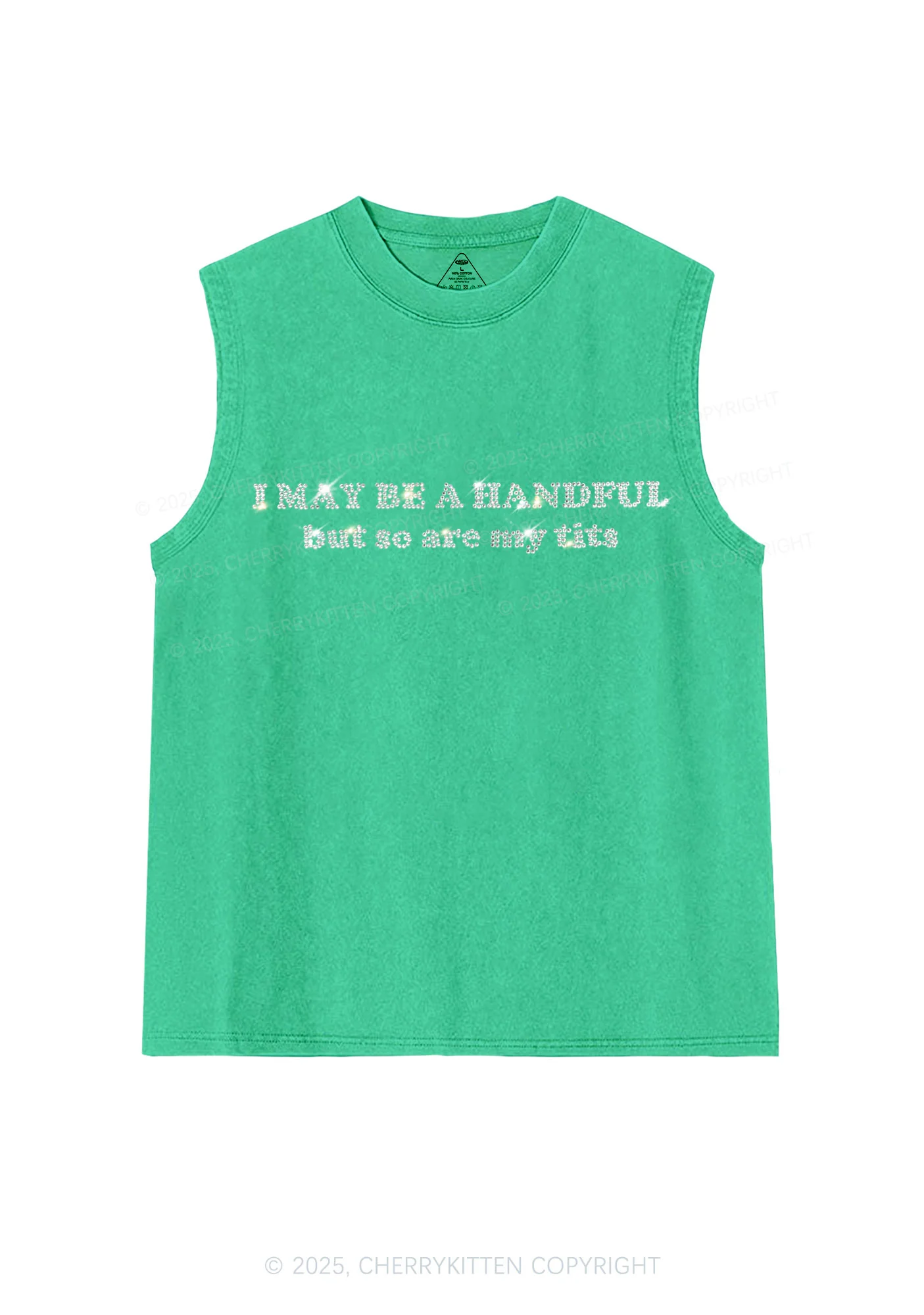 Rhinestone I May Be A Handful Y2K Washed Muscle Tank Cherrykitten - Image 6